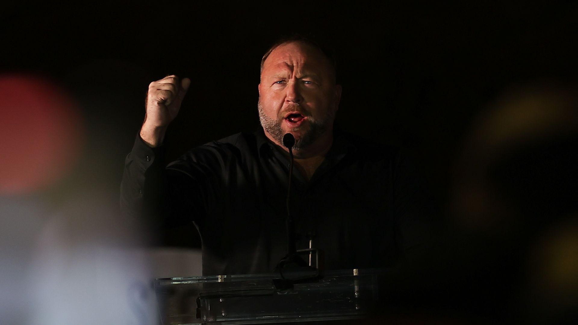 InfoWars website coordinator Alex Jones gives a speech to Trump supporters.