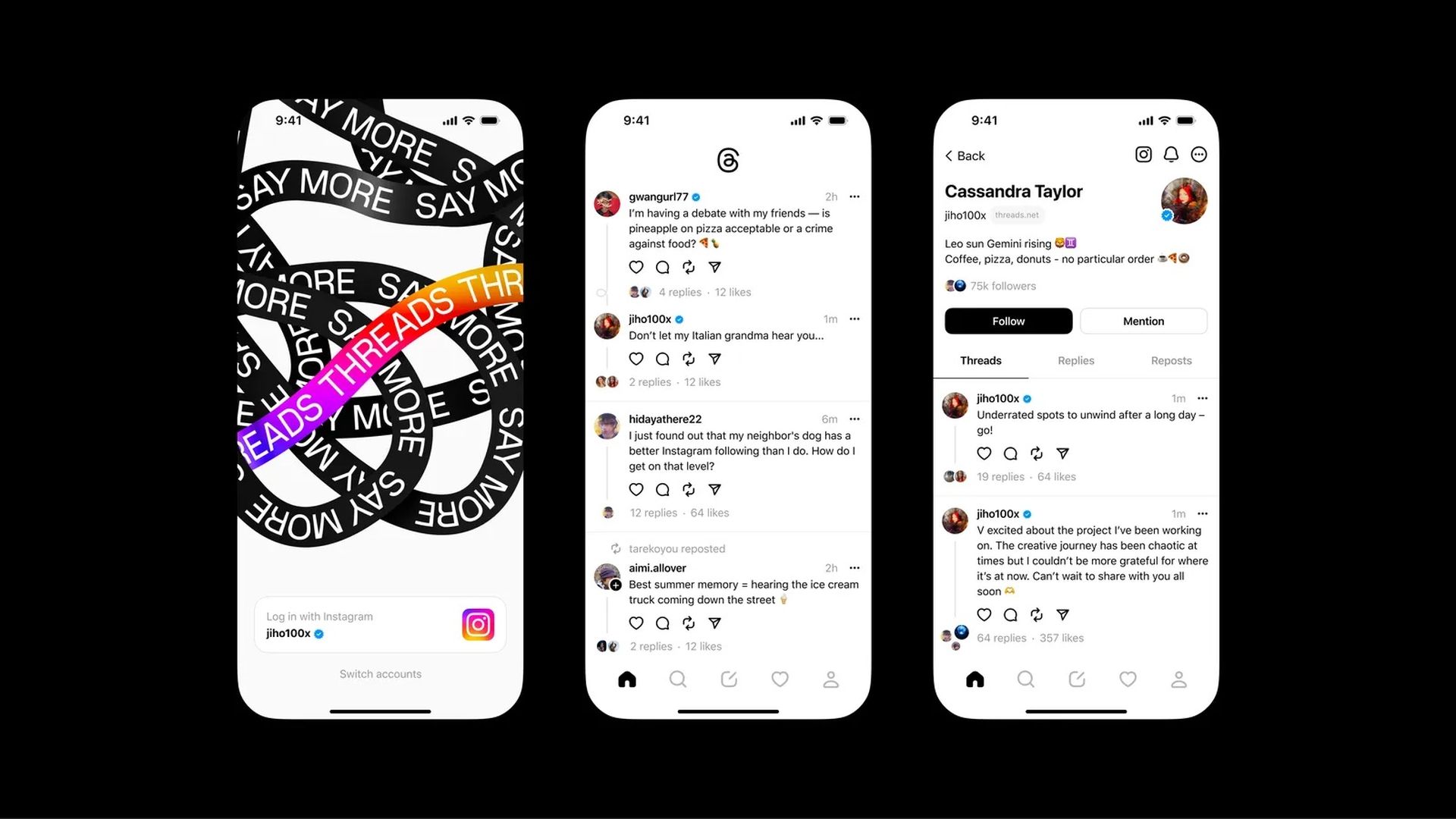 An image of three smartphones side by side displaying different pages of the new Threads app from Instagram