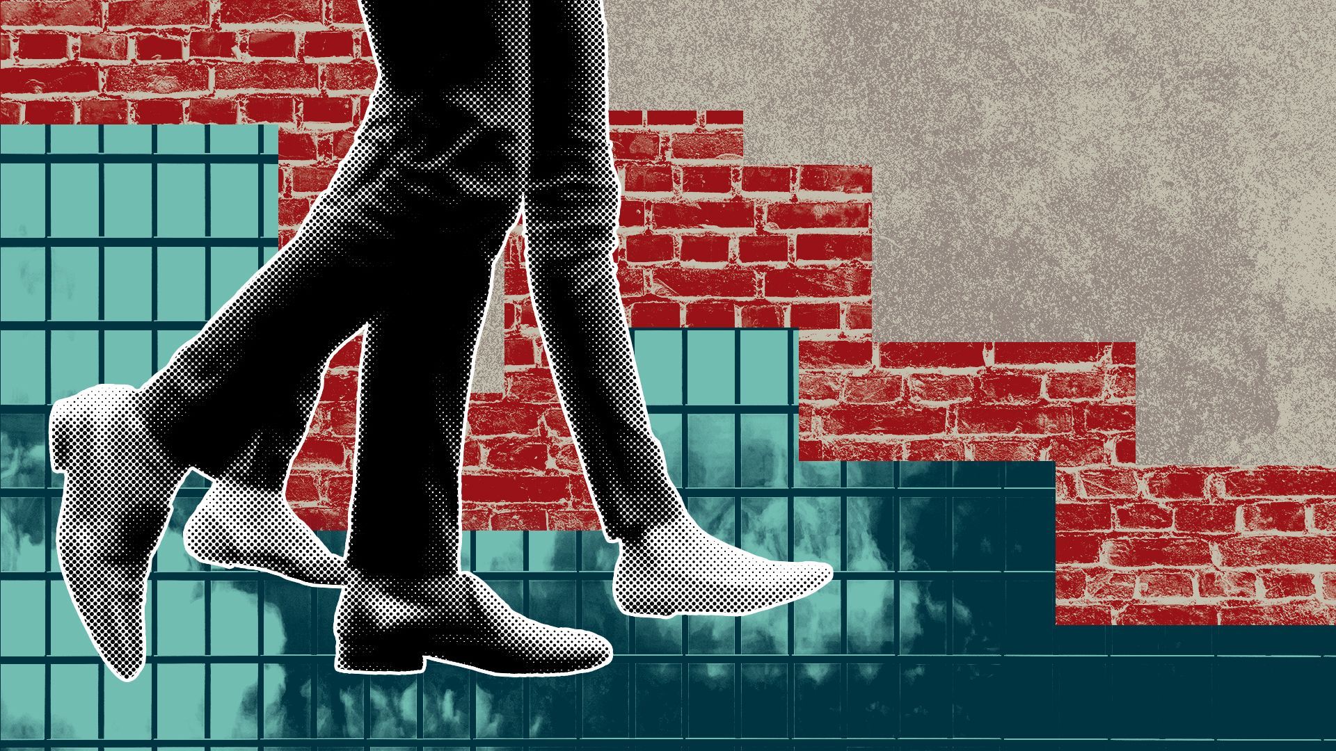 Illustration of a collage featuring concrete, brick, and glass textures, city skyline shapes, and a pair of people's legs walking.