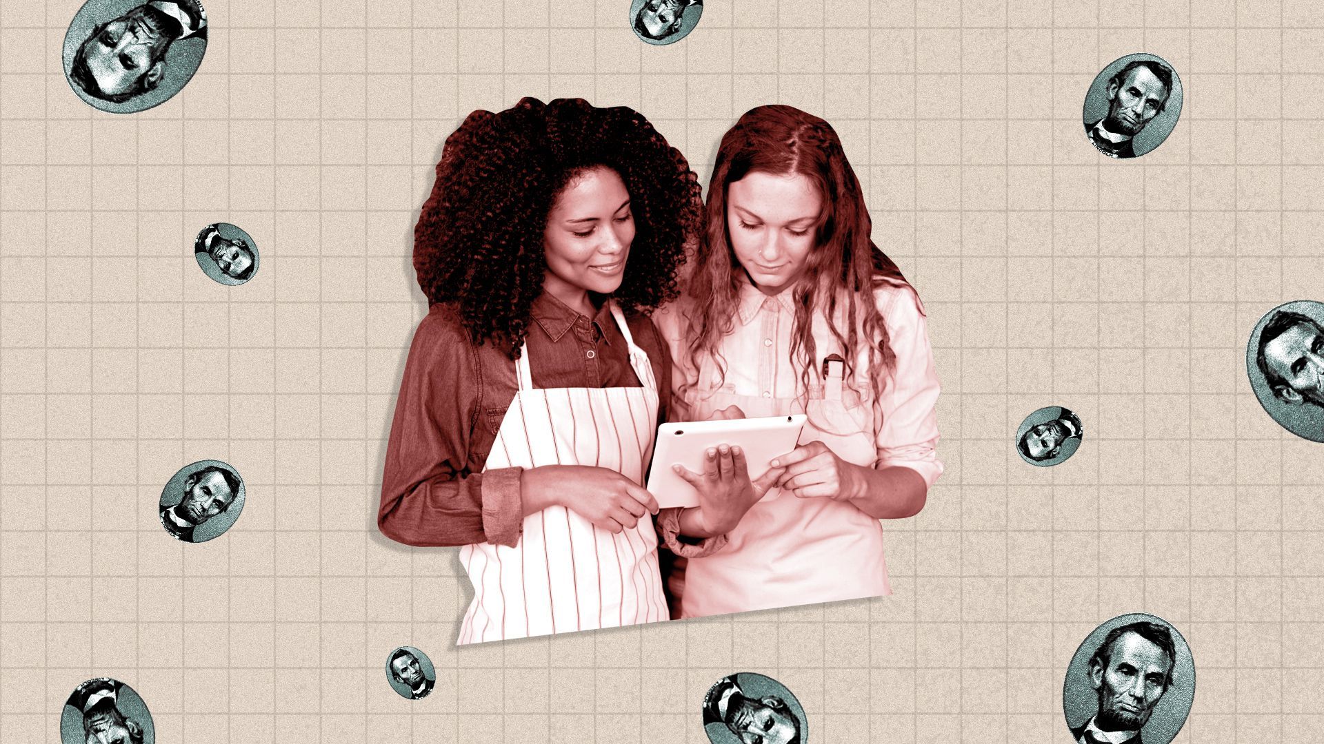 Illustrated collage of two women looking at a tablet while cut outs of Abraham Lincoln fall all around. 