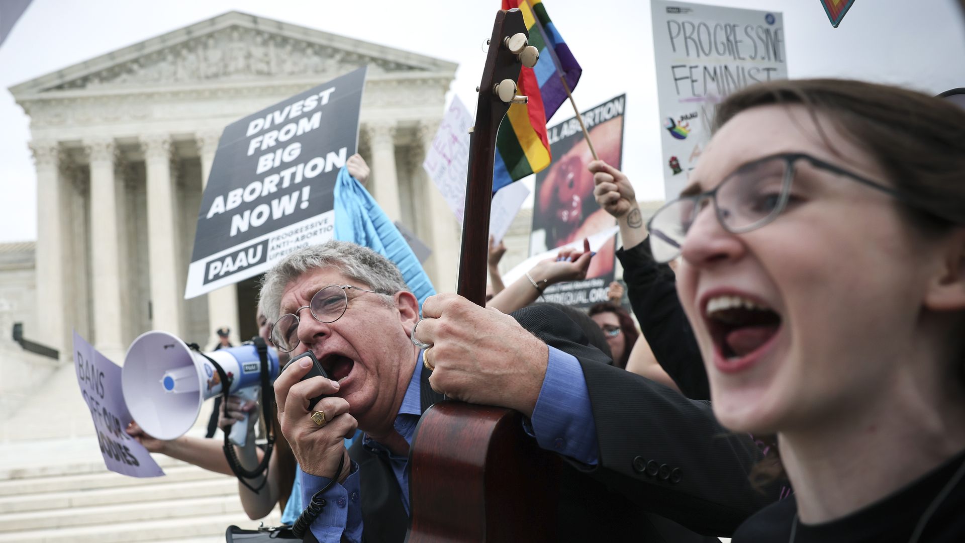Protestors are seen outside the Supreme Court after a draft decision leaked showing it overturning Roe v. Wade.