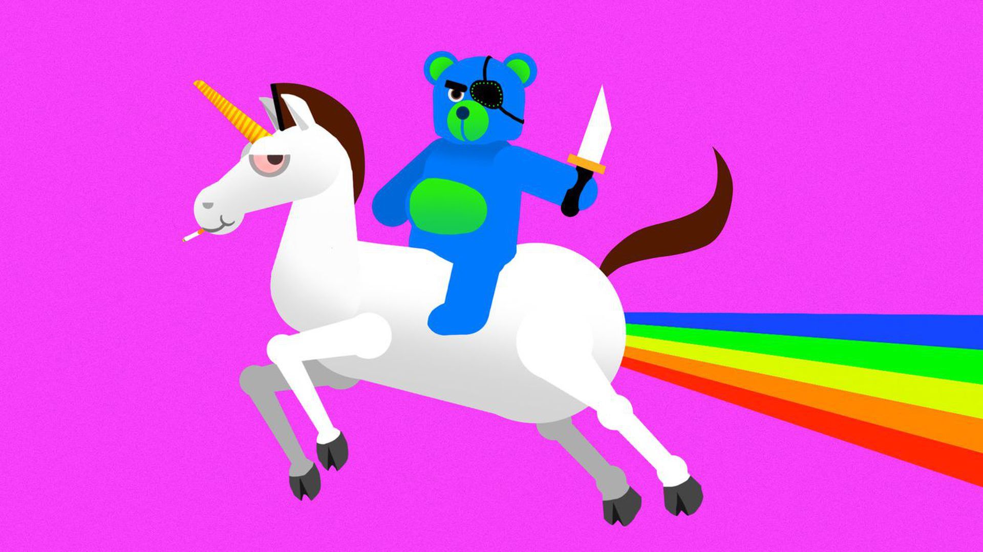 A child-like illustration of a bear on a unicorn with a rainbow in the background.