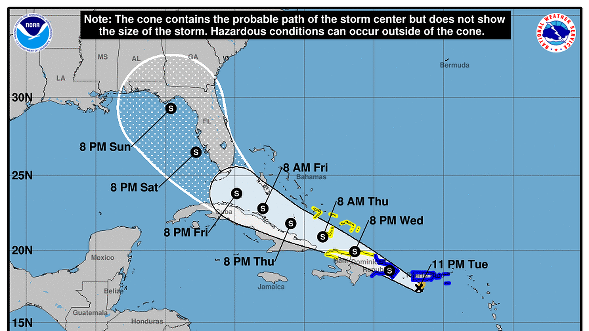 A National Hurricane Center graphic of Tropical Storm Fred's forecast path