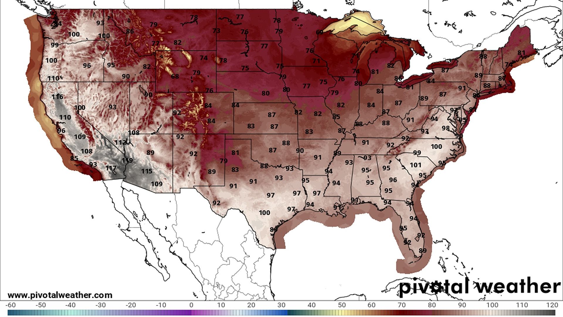 A map of maximum daily temperatures forecast by the NWS that are effective through 8pm Friday ET.