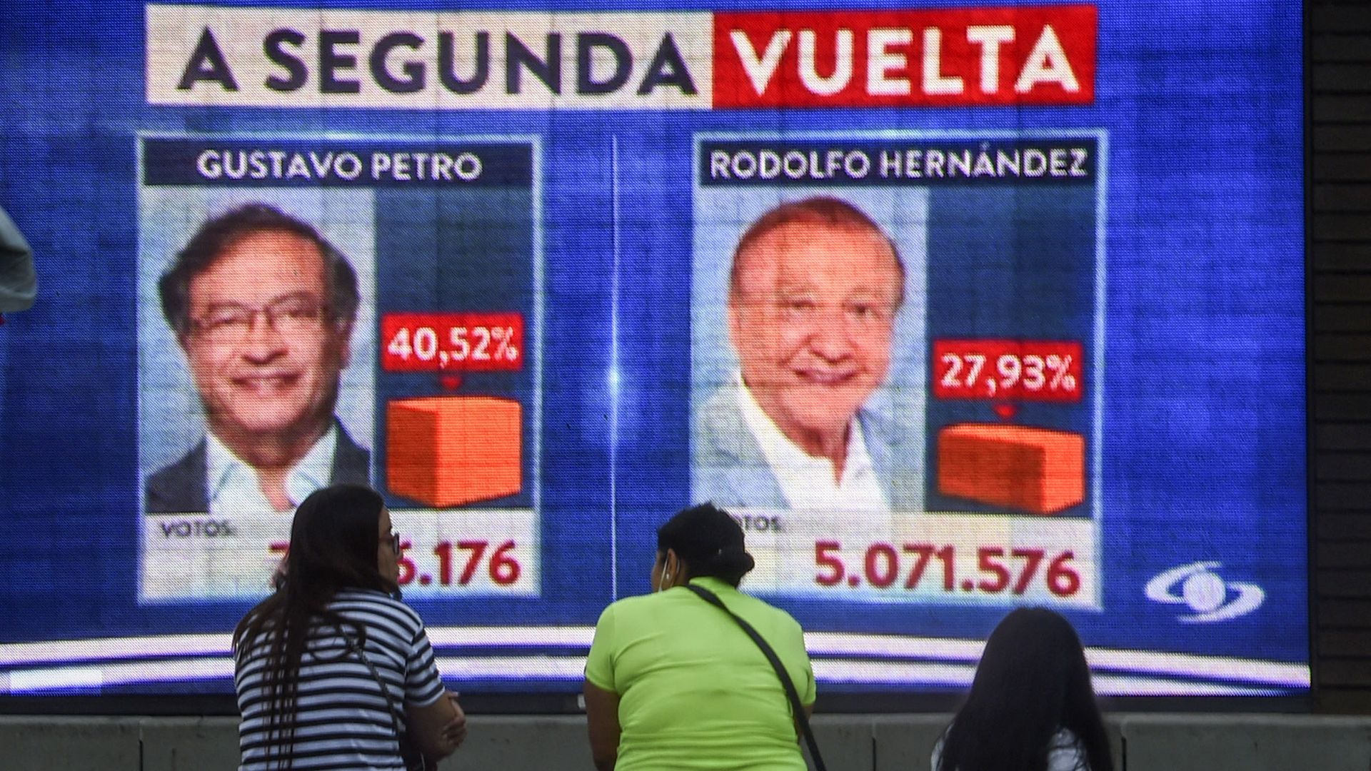 People watch electoral results in a screen during the Colombian presidential election, in Medellin, Colombia, on May 29, 2022.
