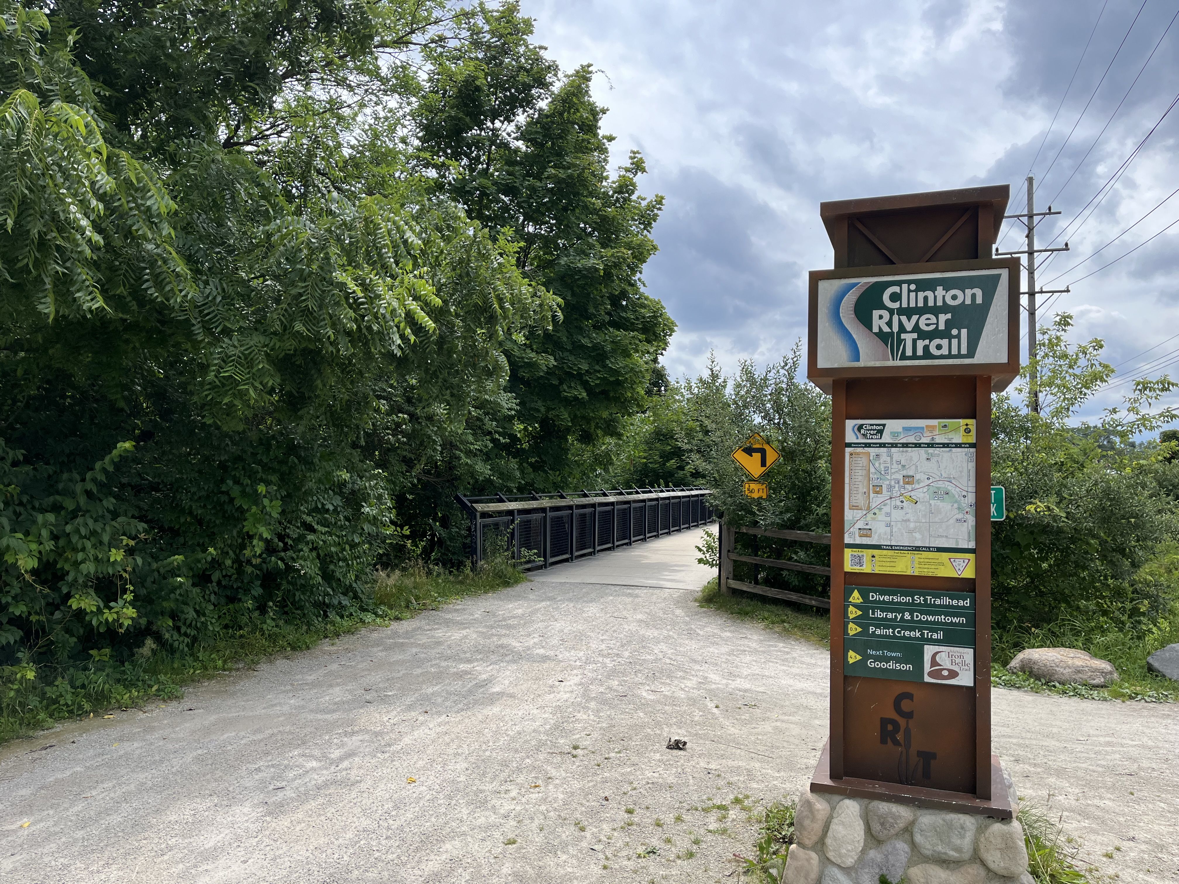 A sign post for the Clinton River Trail near downtown Rochester. 