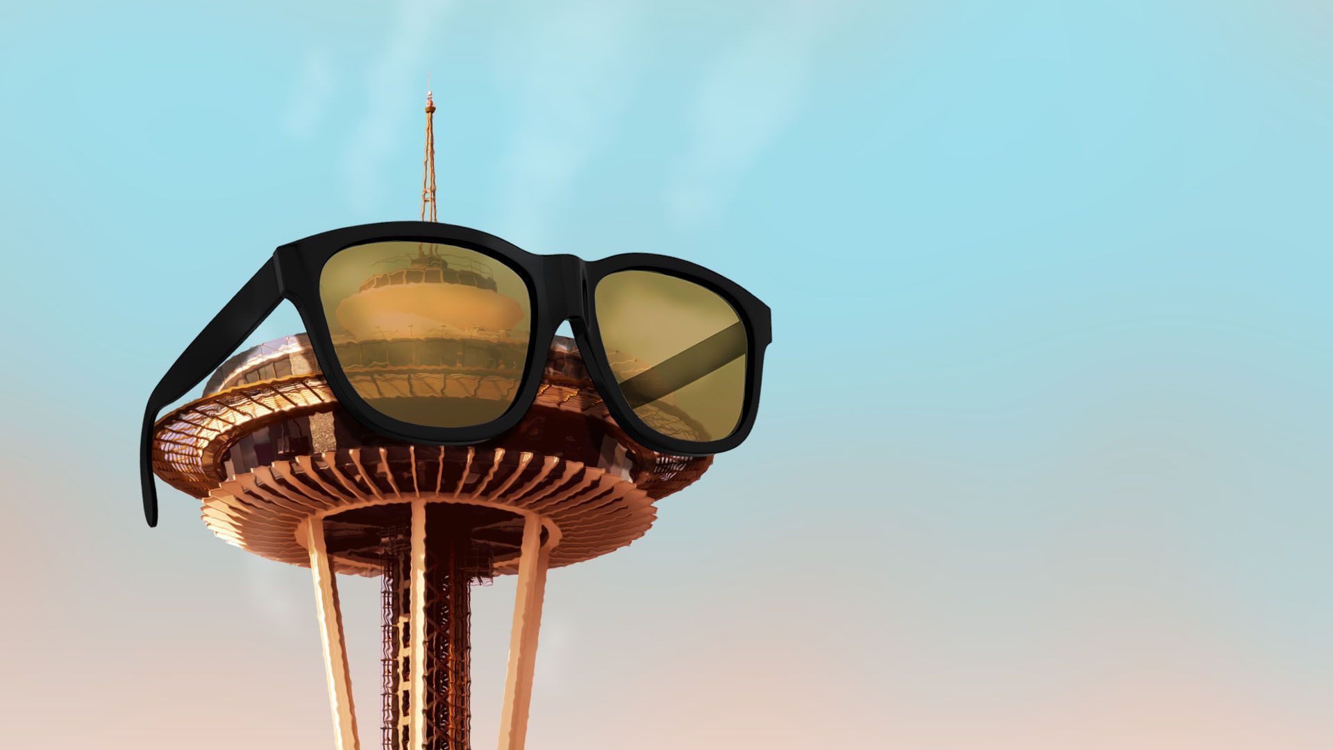 Illustration of the Seattle Space Needle wearing sunglasses