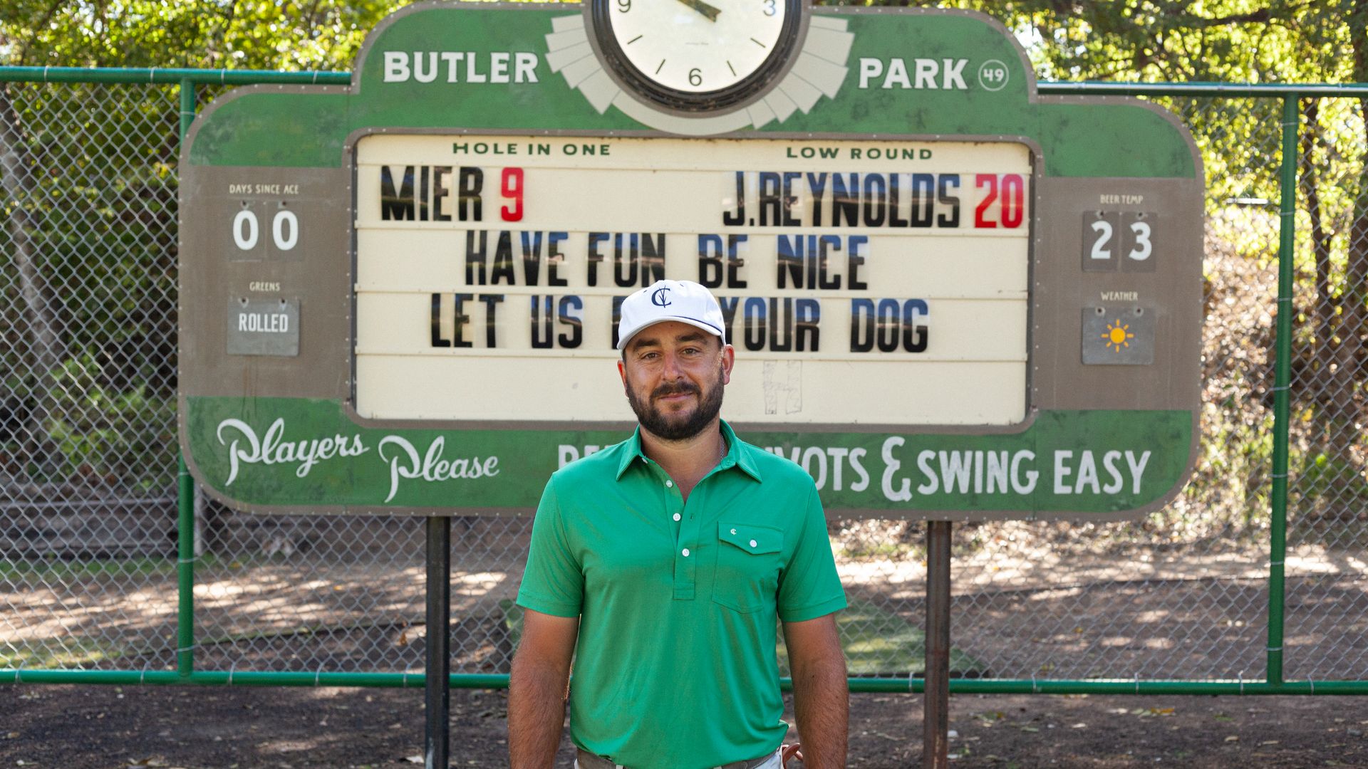 A photo of Jaeger in front of a sign 