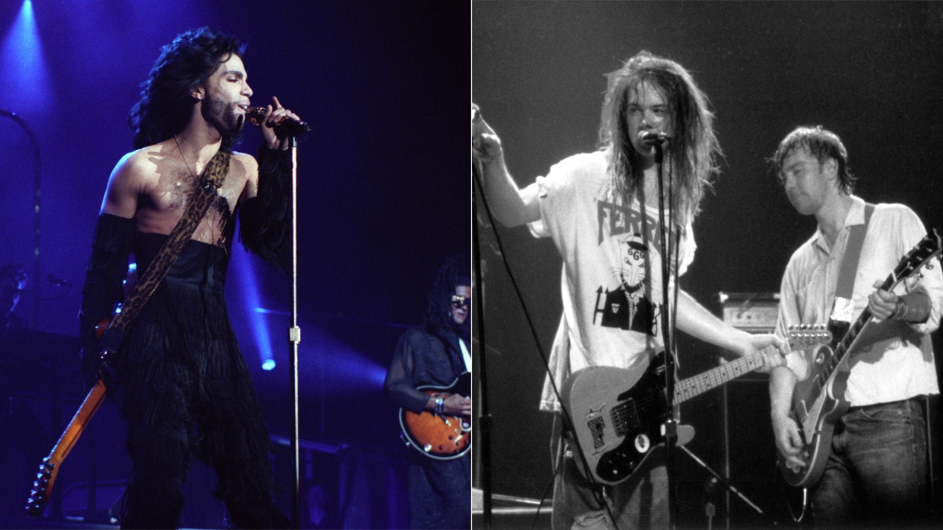 Split image of a rock concert: left shows a shirtless, long-haired singer under blue lights with a leopard guitar strap; right black-and-white of a vocalist and guitarist, vocalist in a Ferrari tee.