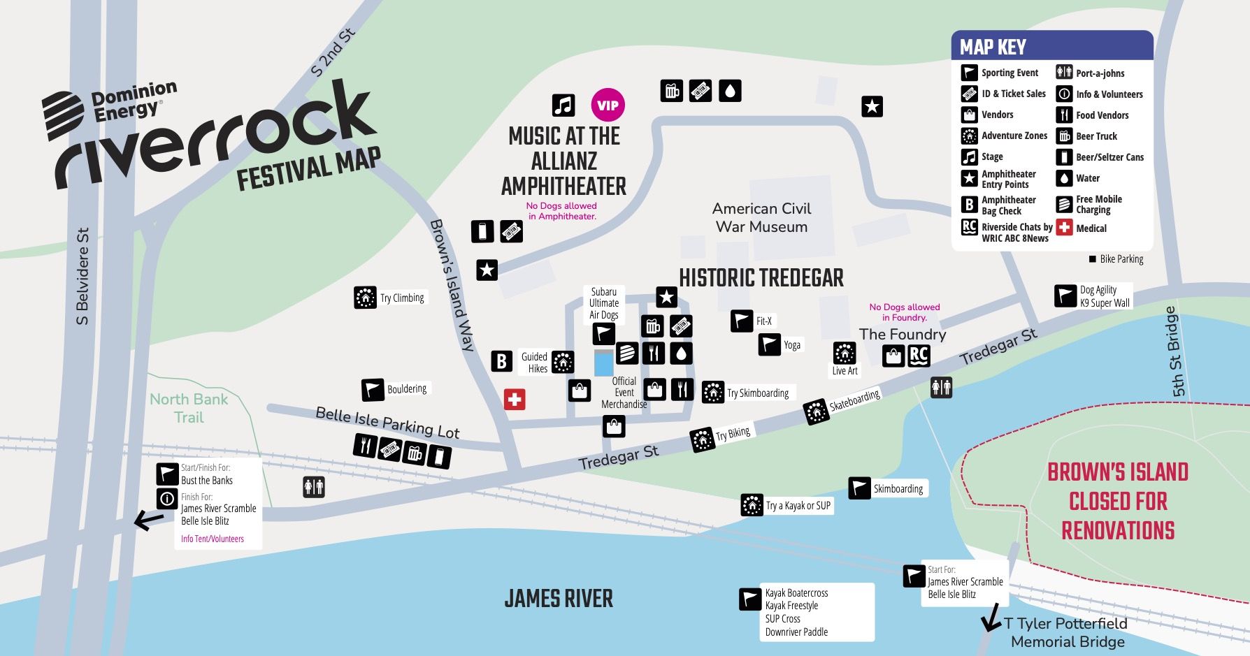 Map of Dominion Energy Riverrock festival along the James River. Highlights venues like Music at the Alliance Amphitheater and Tredegar, map key icons, bike routes, and Brown’s Island closed.
