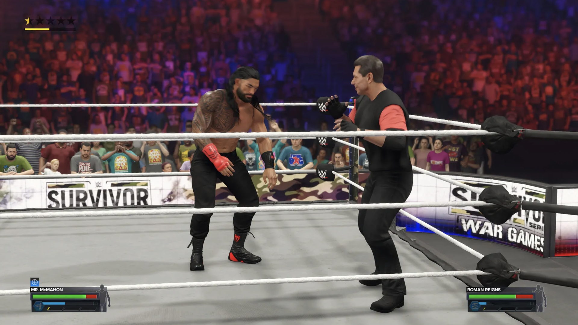 Video game screenshot of two men in a wrestling ring