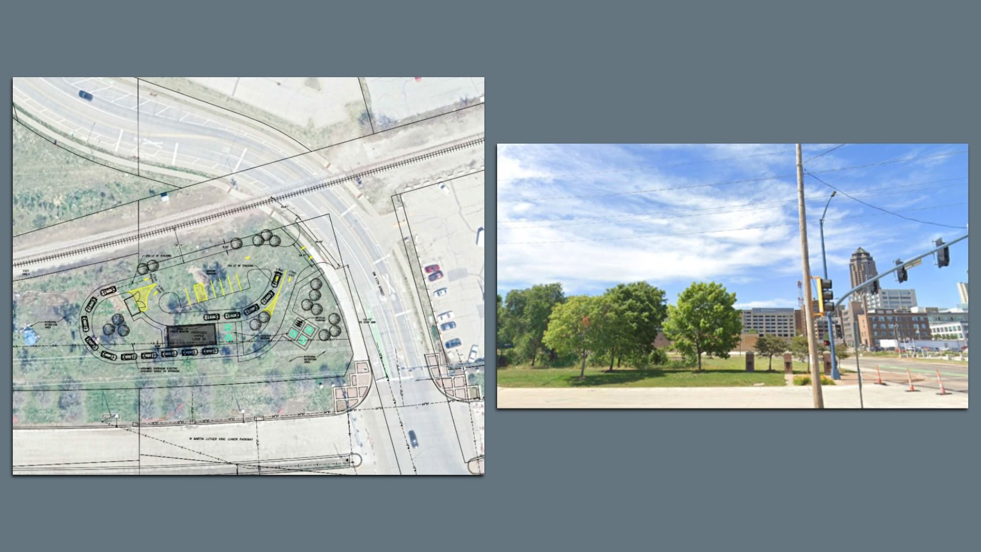 A map and a photo of a vacant parcel of land in Des Moines.