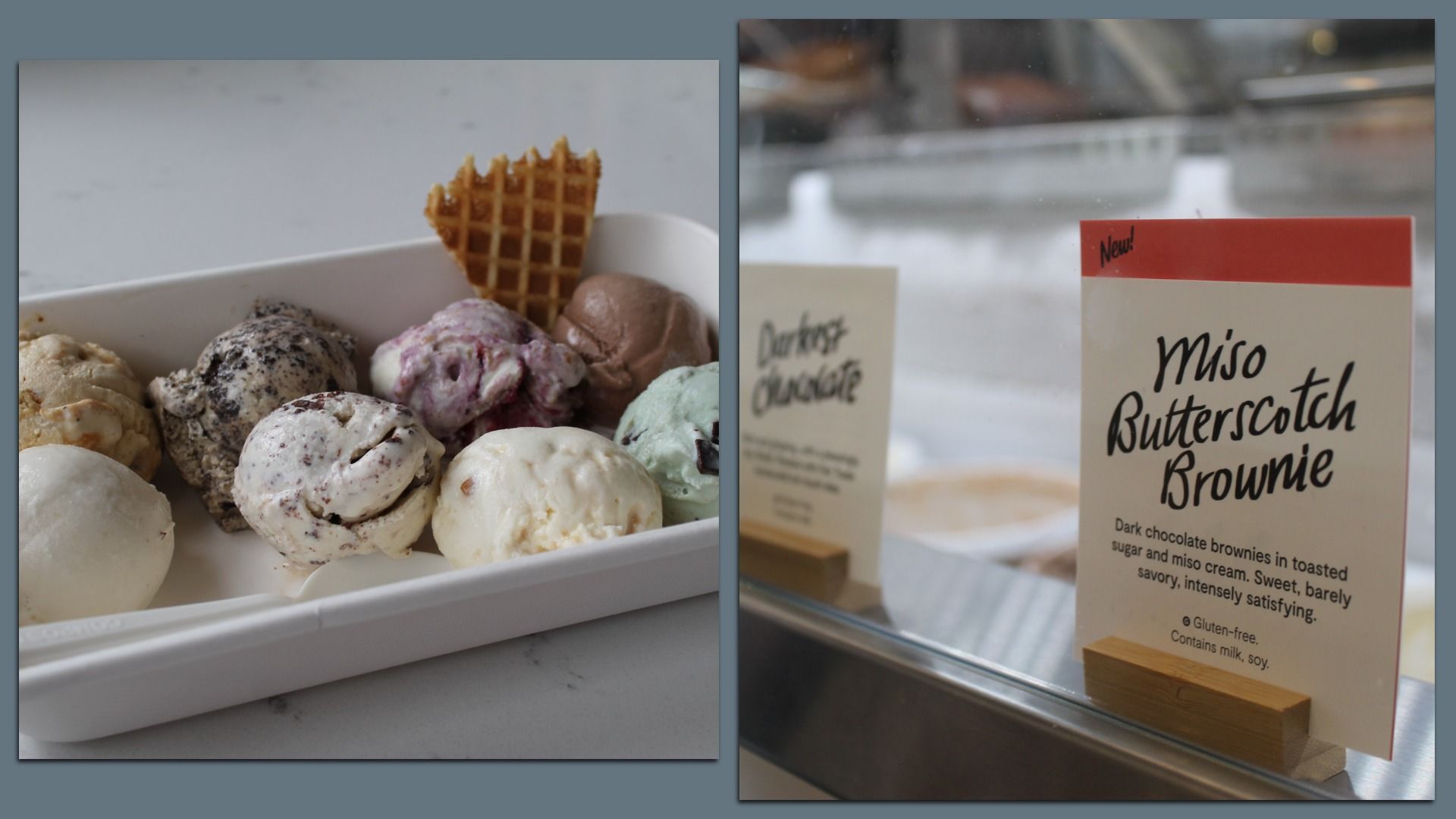 Two-panel image: left shows a white tray of assorted ice cream scoops with a waffle cone piece; right shows a sign for \"Miso Butterscotch Brownie\" marked \"New!\" in a cafe display.
