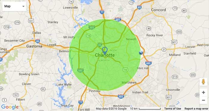 A 10 mile radius from Trade and Tryon