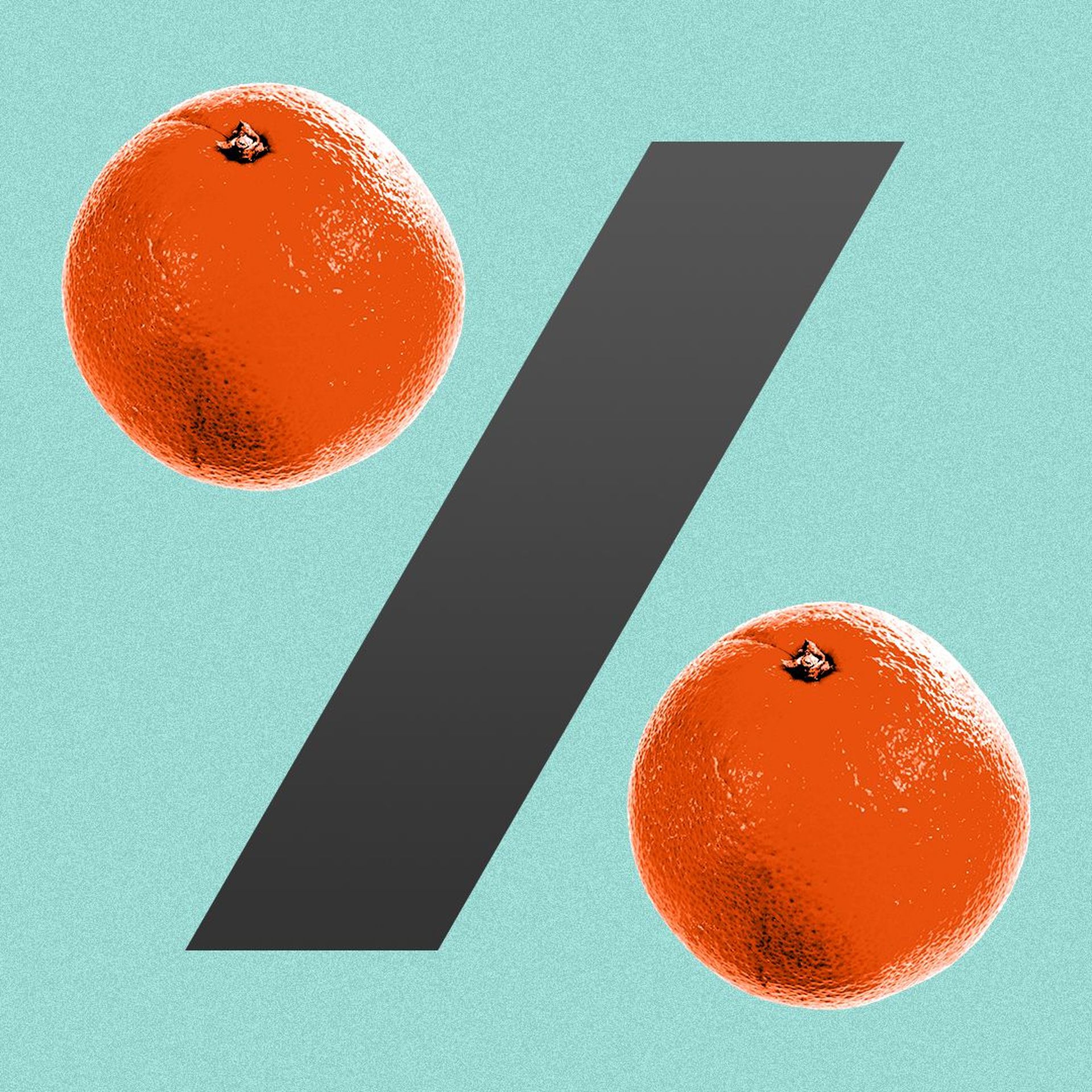 Illustration of a percent sign with oranges instead of circles. 
