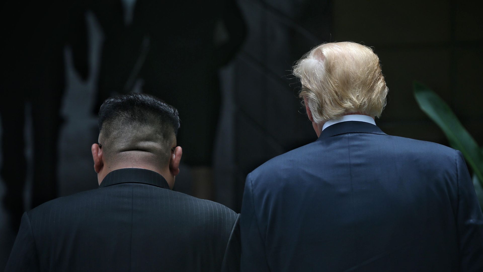 The backs of Kim's and Trump's heads