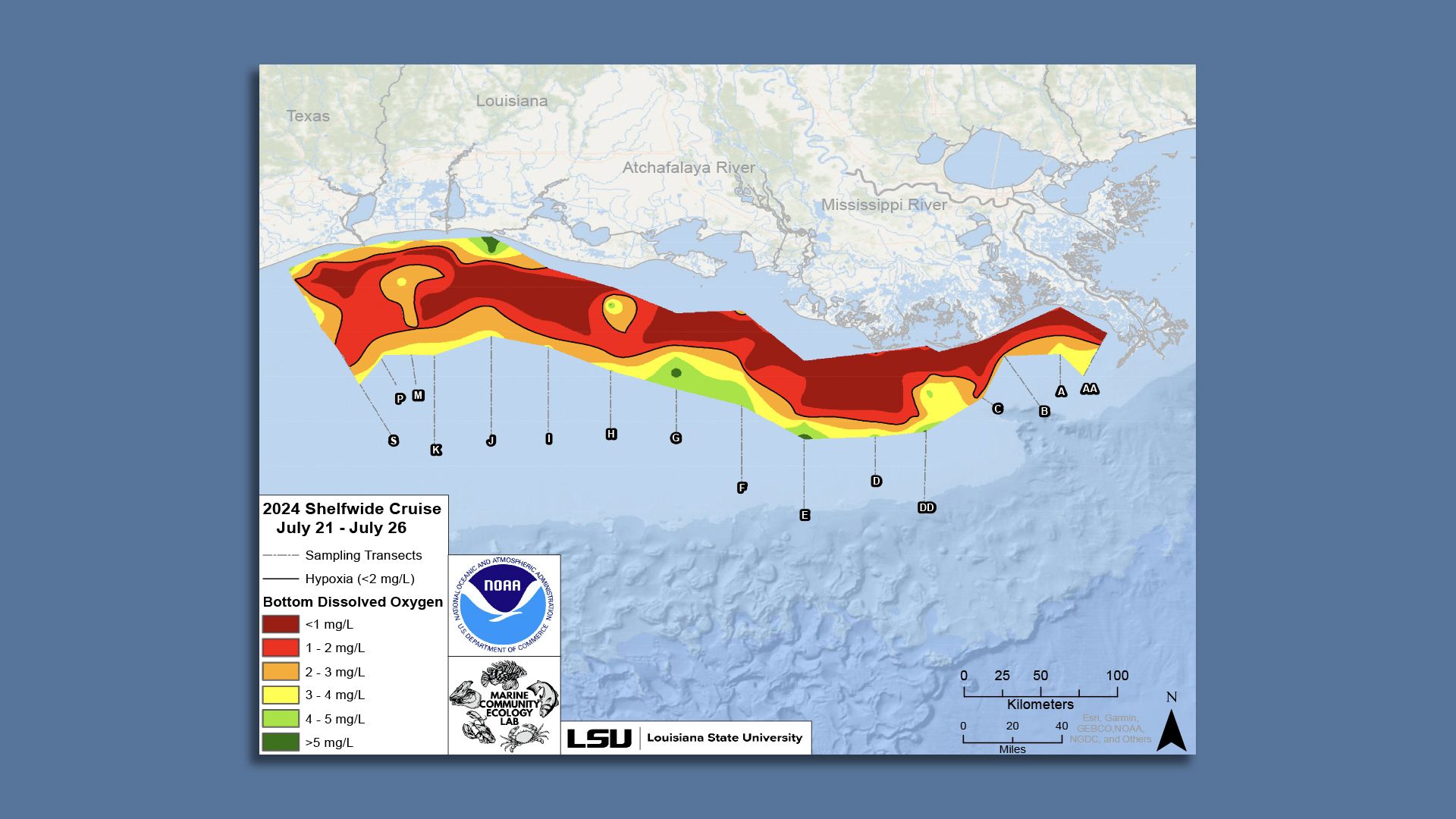 Map of the measured Gulf hypoxia zone