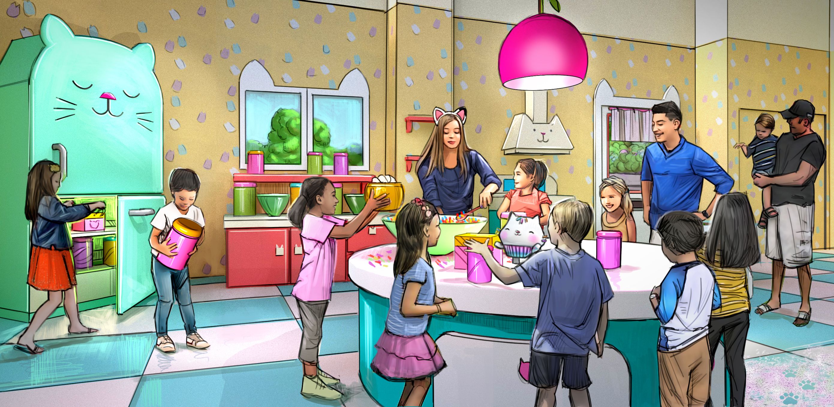 Children and adults in a colorful kitchen with cat-themed decor, including a cat-shaped fridge and hood. Kids are gathering around a table with a large cupcake and colorful containers.