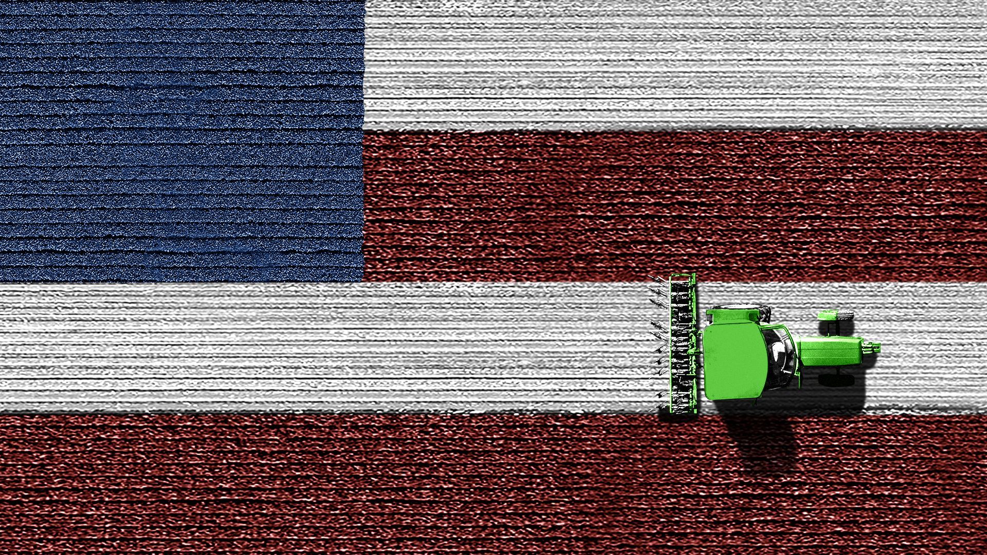 Illustration of a tractor in a red, white, and blue field.