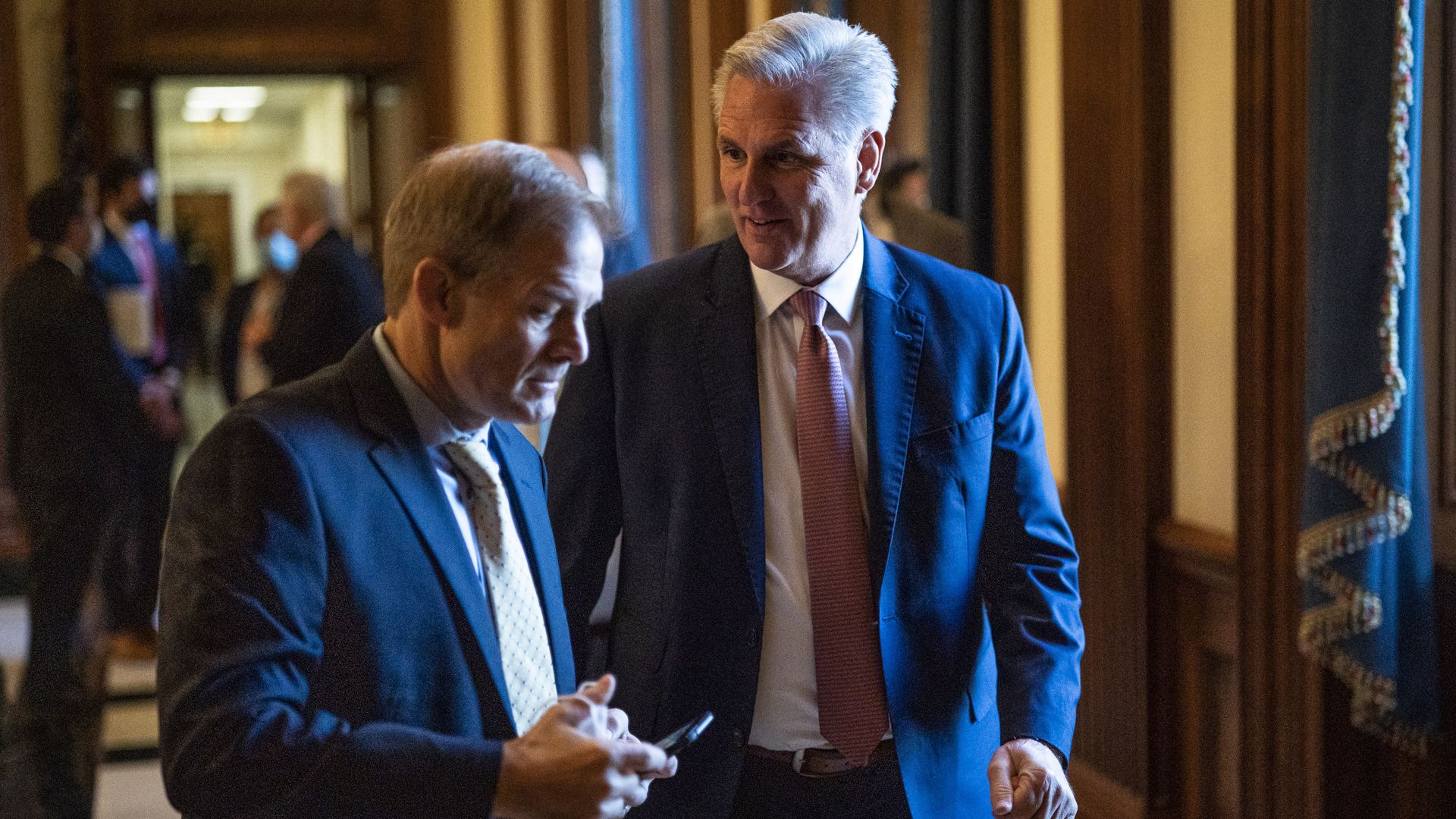 House Minority Leader Kevin McCarthy (R-Calif.) speaks with Rep. Jim Jordan (R-Ohio)