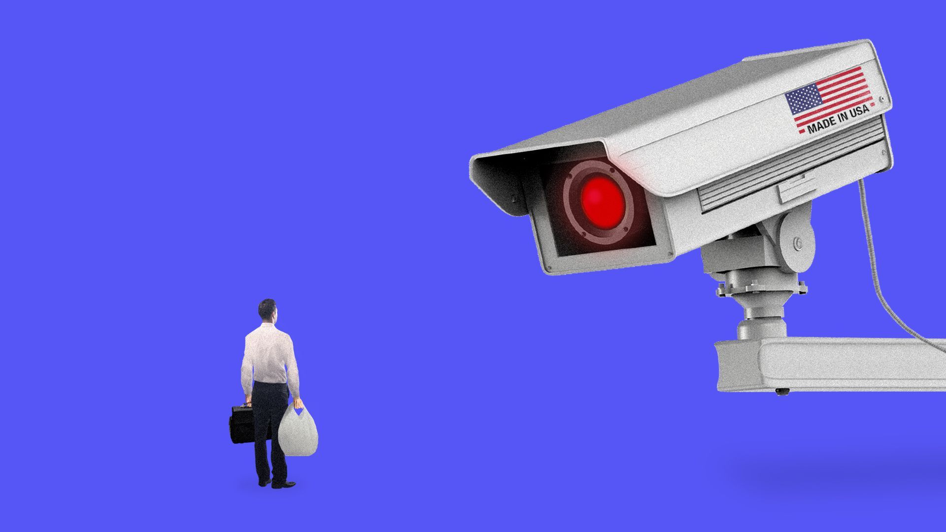 Illustration of surveillance camera with U.S. flag on it, peering down on human being 