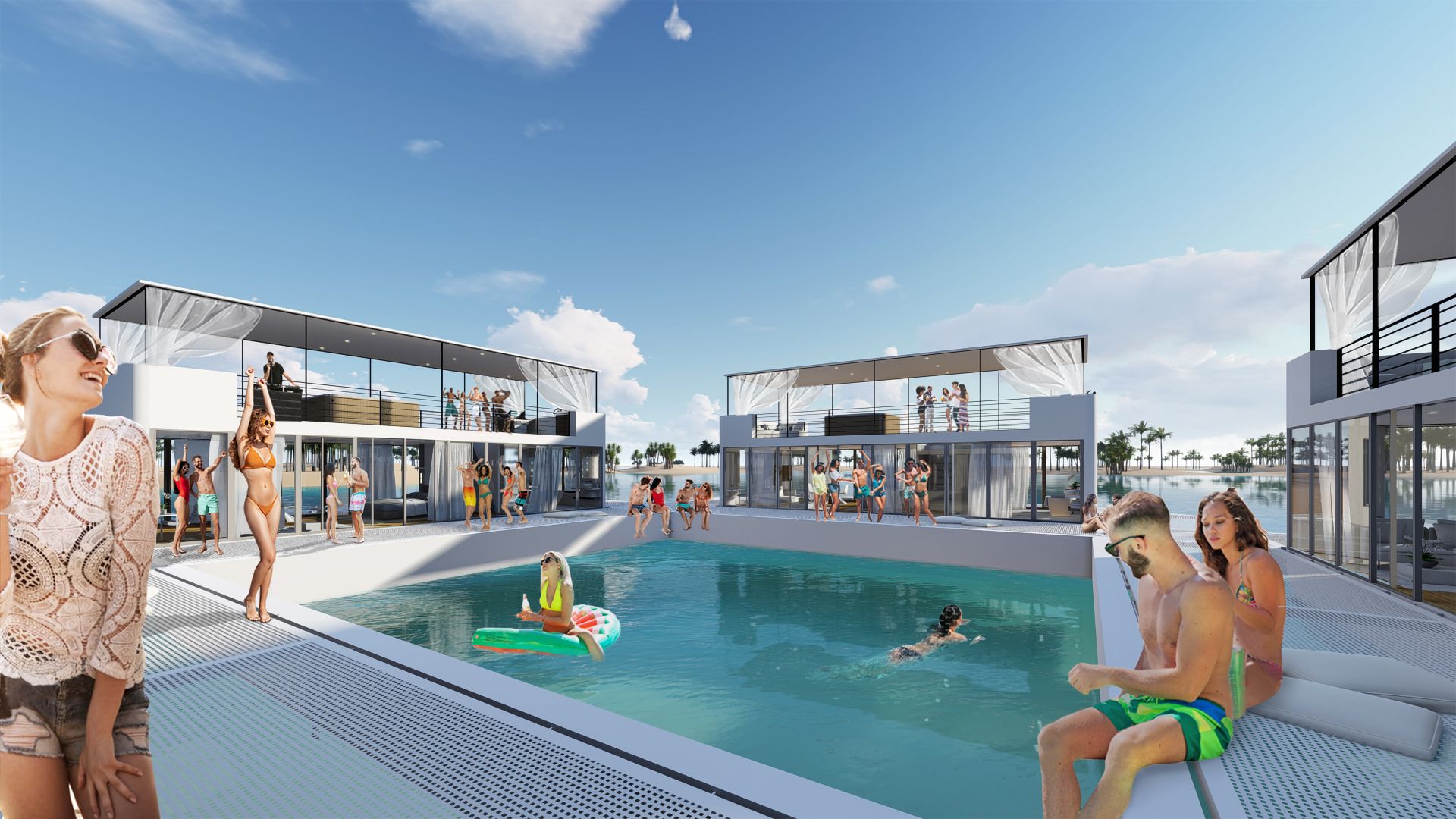 A rendering shows people lounging in and around a pool and houseboats. 