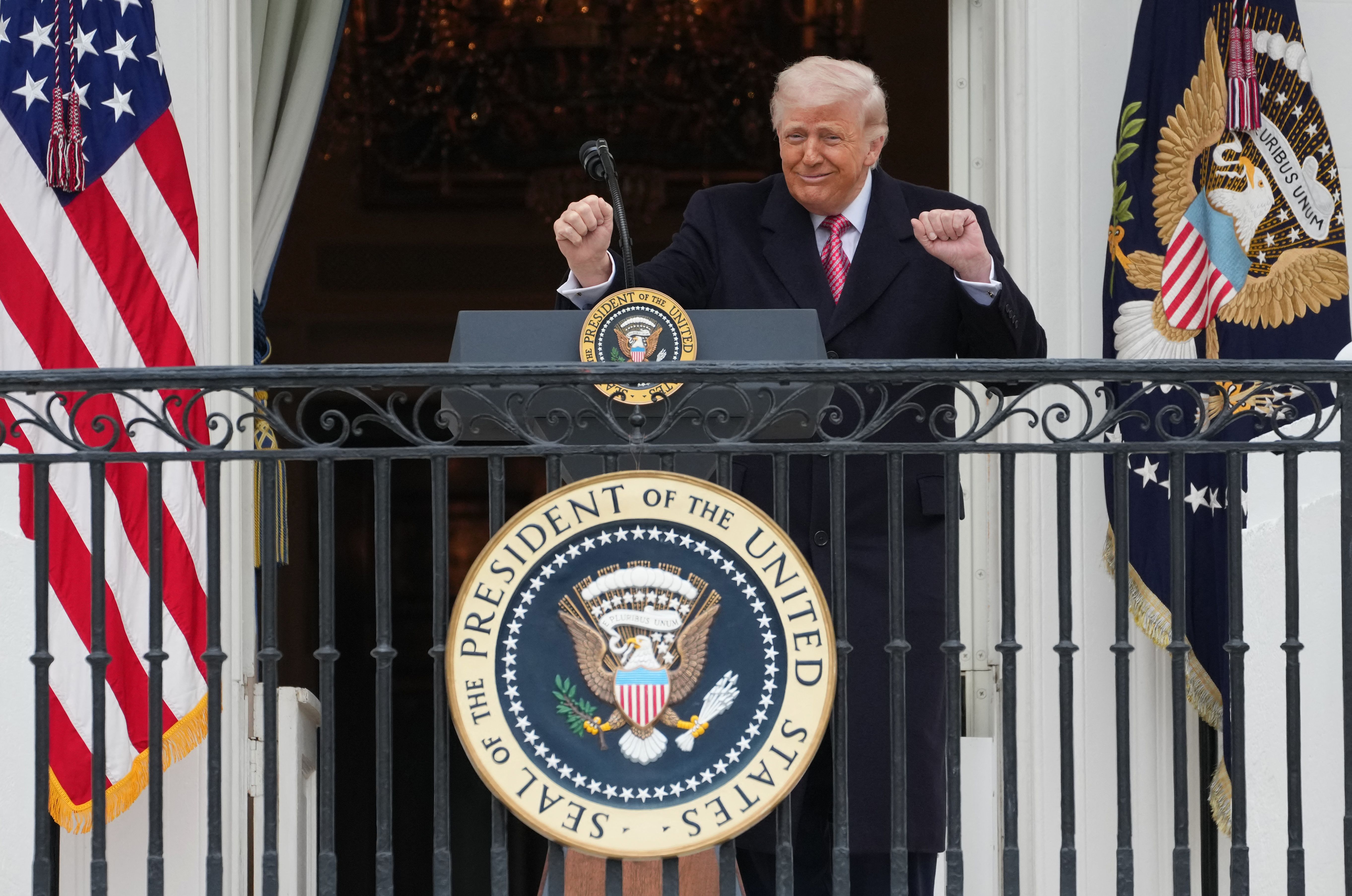 US President Donald Trump delivers remarks to farmers from the Truman balcony of the White House in Washington, DC, on March 27, 2026. (Photo by Ken Cedeno / AFP via Getty Images)