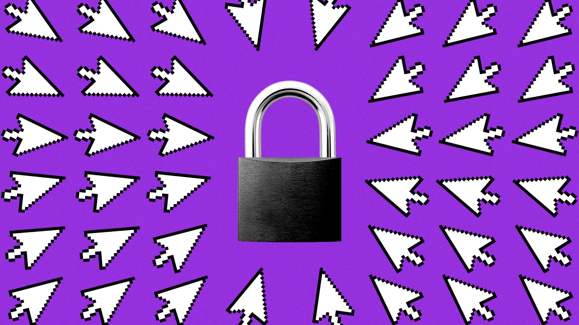 Illustration of a lock being pointed at by a pattern of cursor arrows.