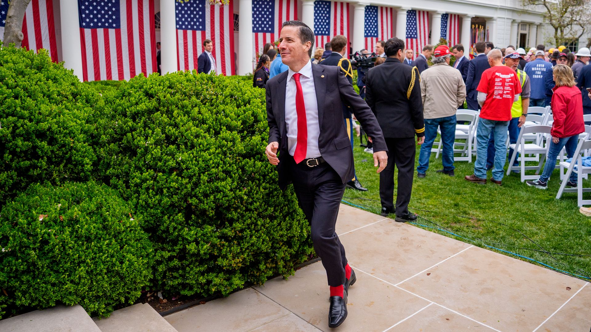 Sen. Bernie Moreno (R-OH) departs after U.S. President Donald Trump signs executive orders imposing tariffs on imported goods during a "Make America Wealthy Again" trade announcement event in the Rose Garden at the White House on April 2, 2025 in Washington, DC.