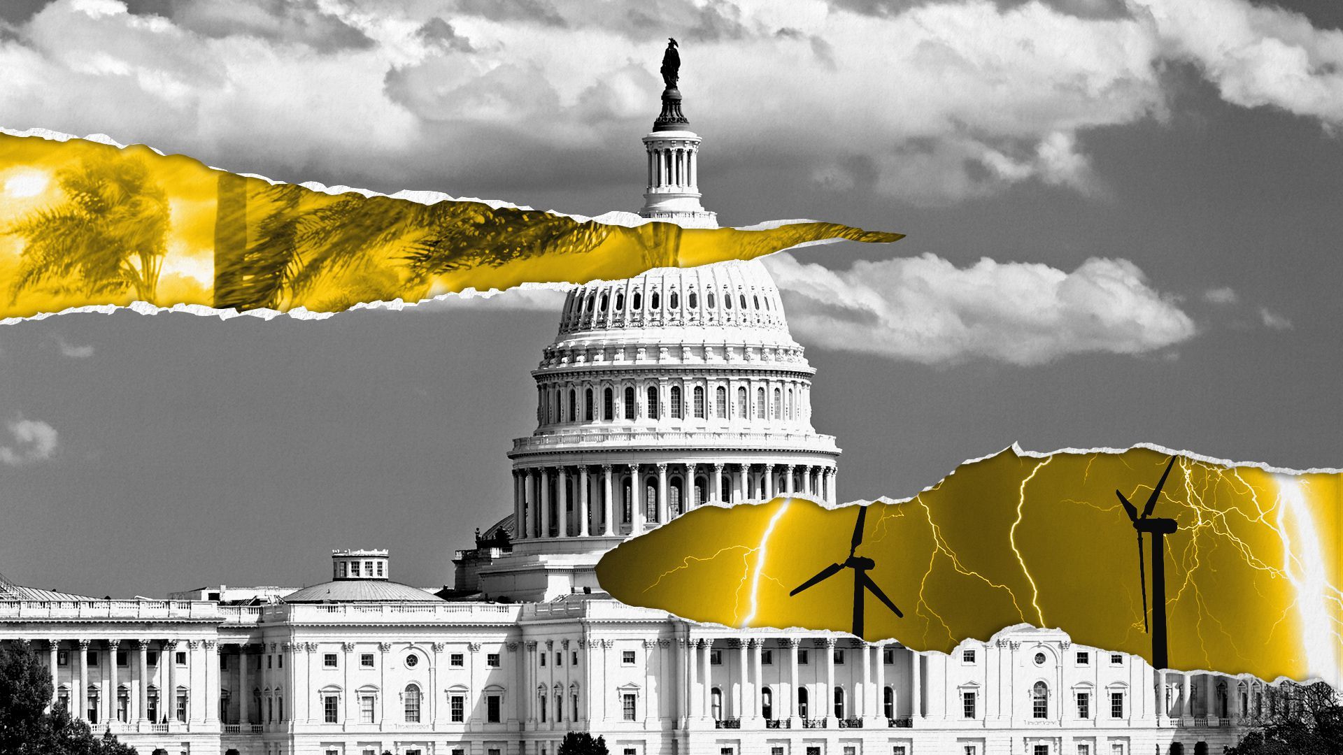 Photo illustration of Capitol building with torn areas revealing hurricane wind and lightning storm