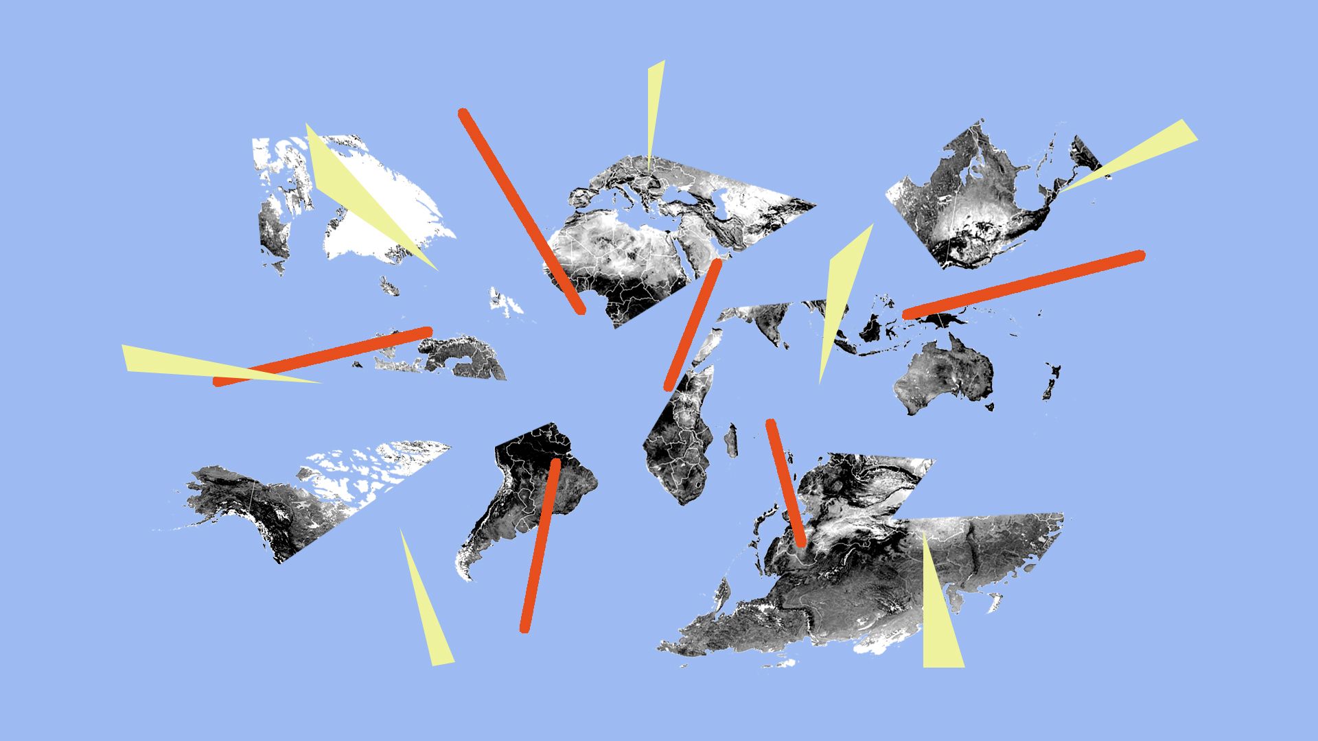 Illustration of a cut up and rearranged world map