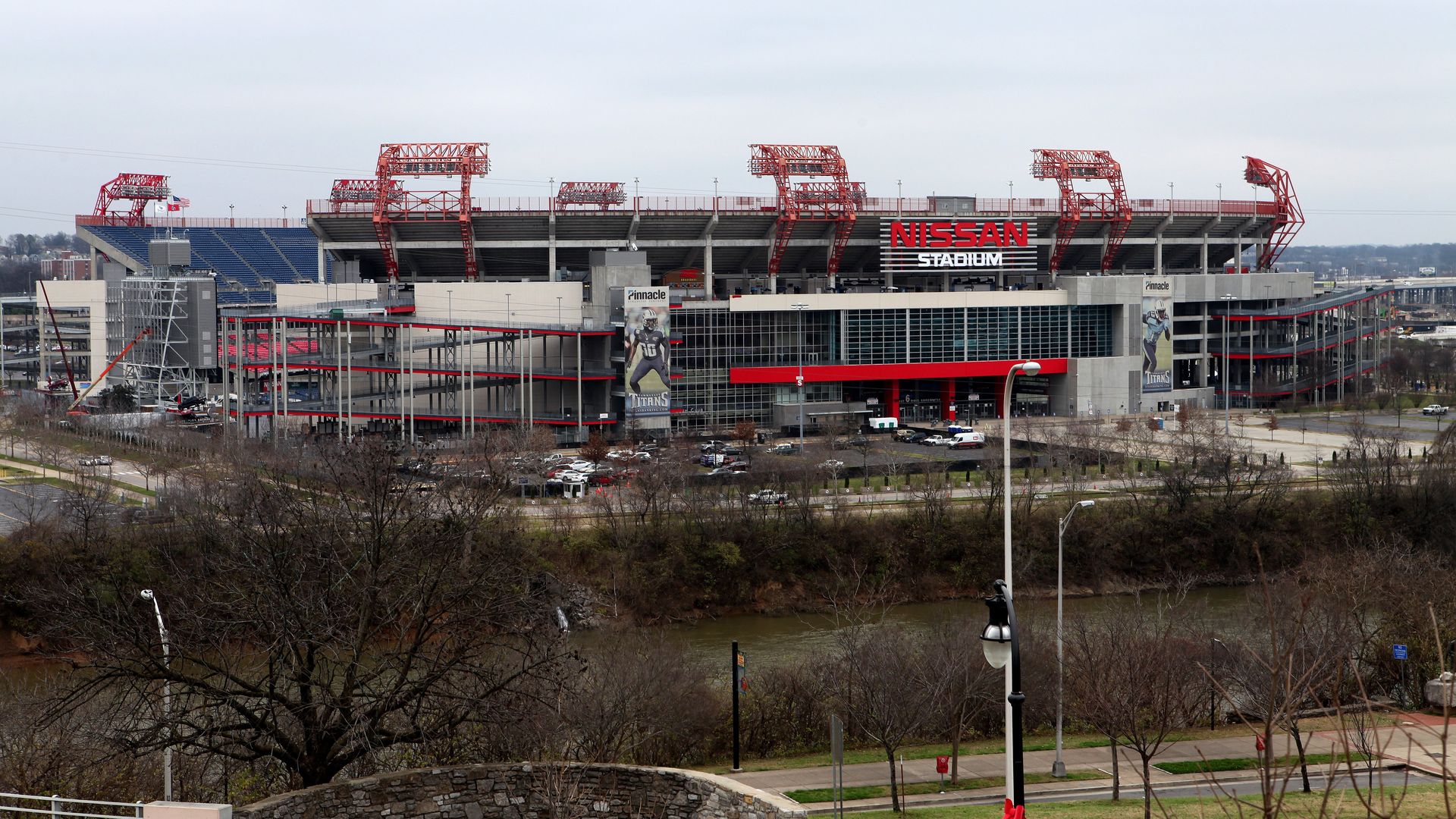 An exterior photo of Nissan Stadium.