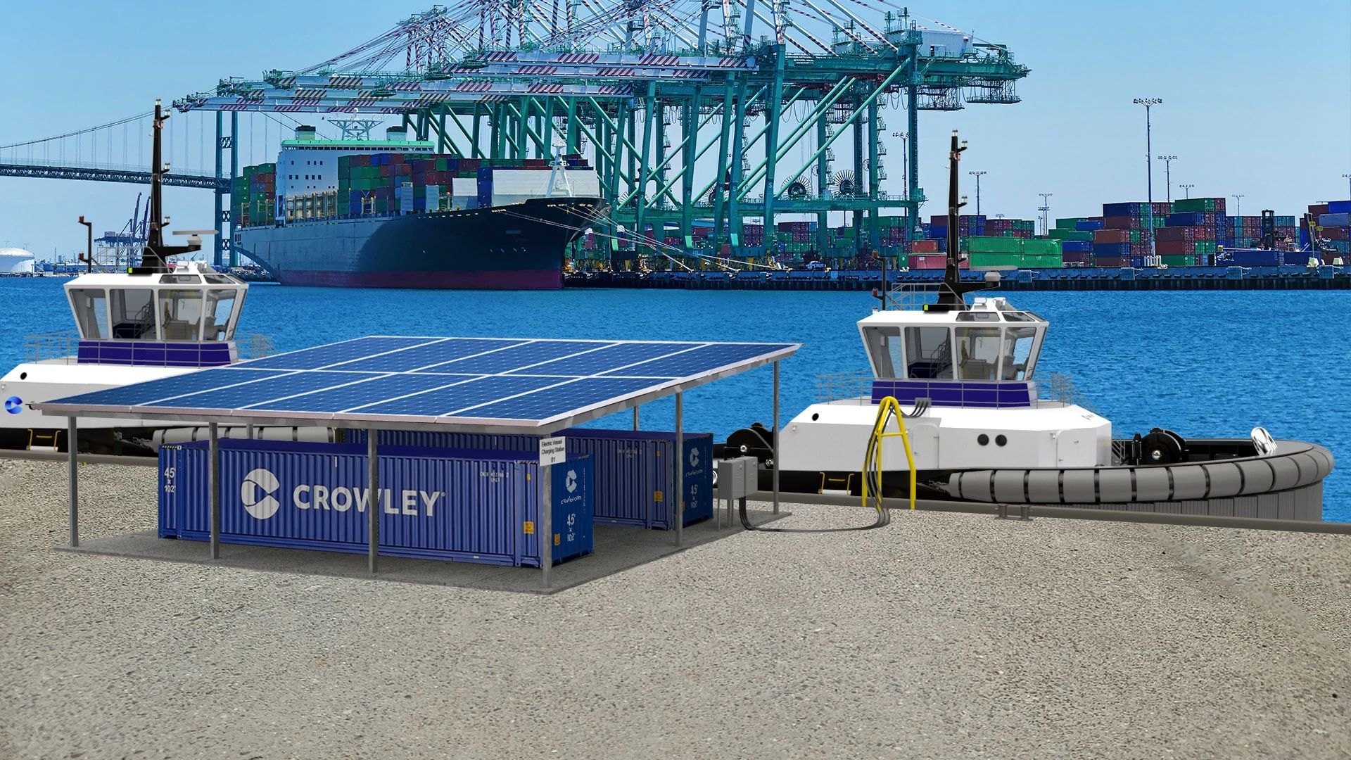 A rendering shows two electric tugboats sitting in a harbor connected to a charging station made of shipping containers and a solar panel roof with a large ship and cranes in the background at the Port of San Diego.