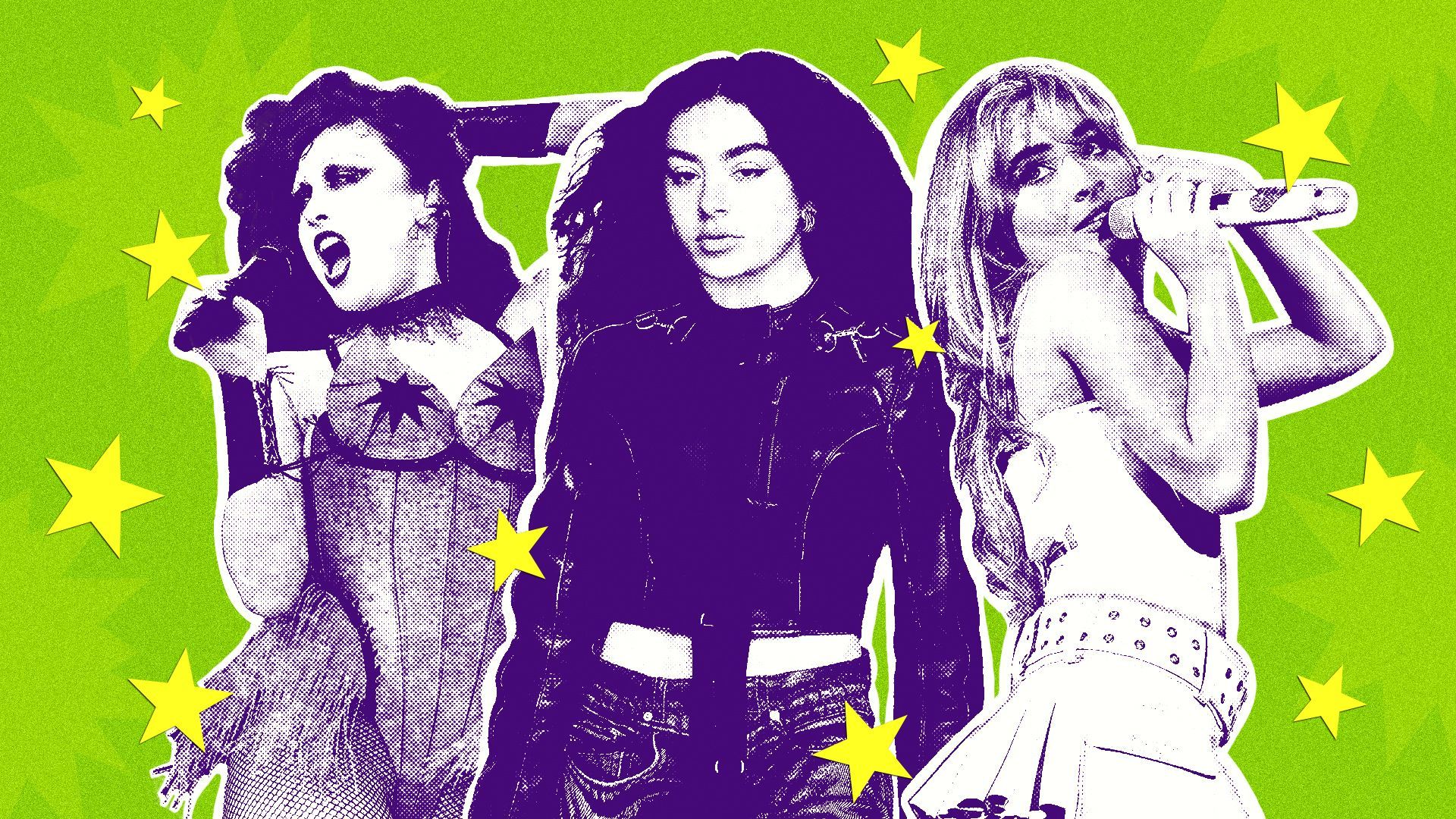 a photo illustration of chappell roan, charli xcx and sabrina carpenter covered in gold star stickers 
