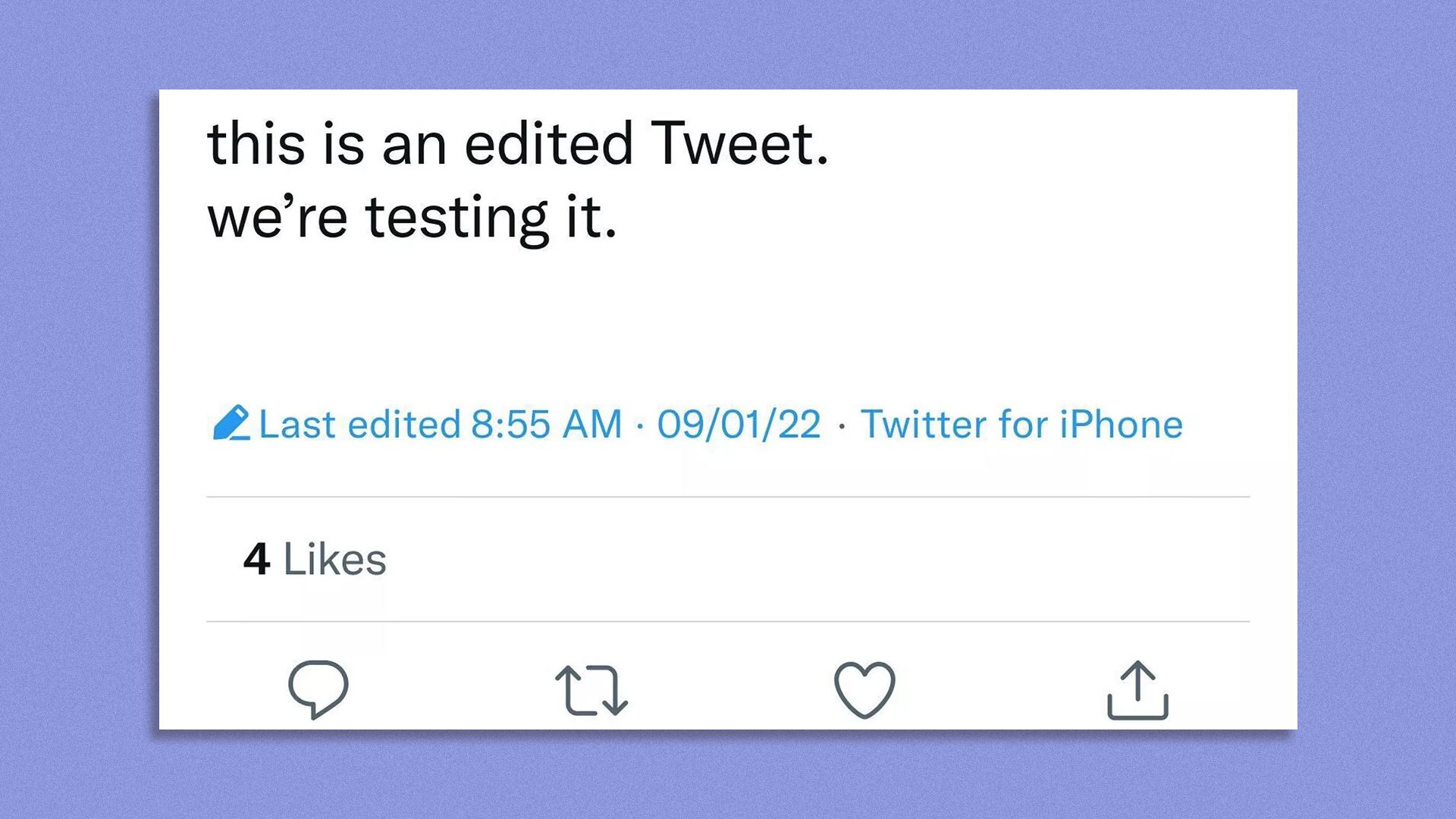 Screen shot of a tweet reading "This is an edited Tweet. We're testing it"
