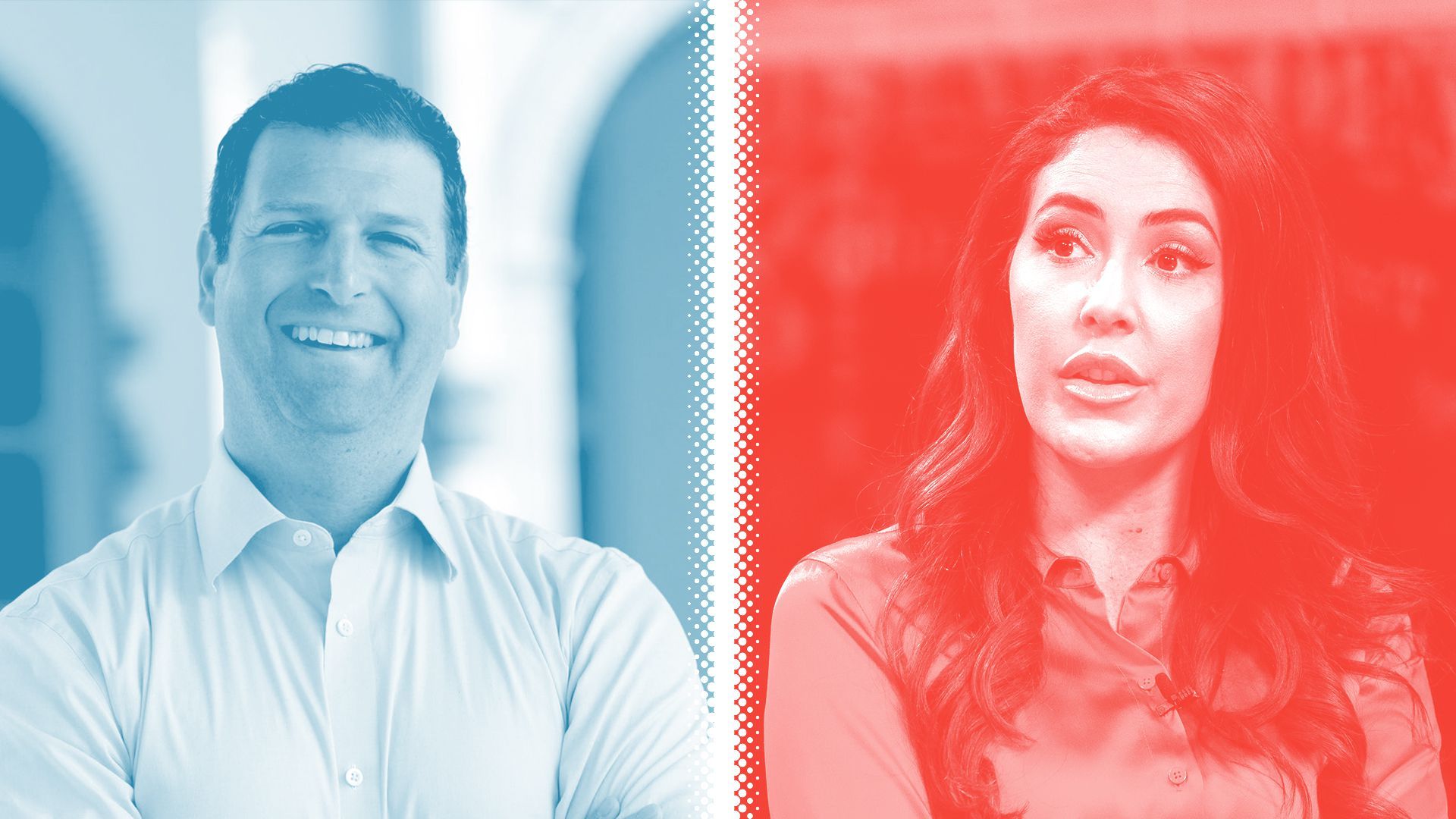 Photo illustration of Eric Lynn tinted blue and Anna Paulina Luna tinted red separated by a white halftone divider.