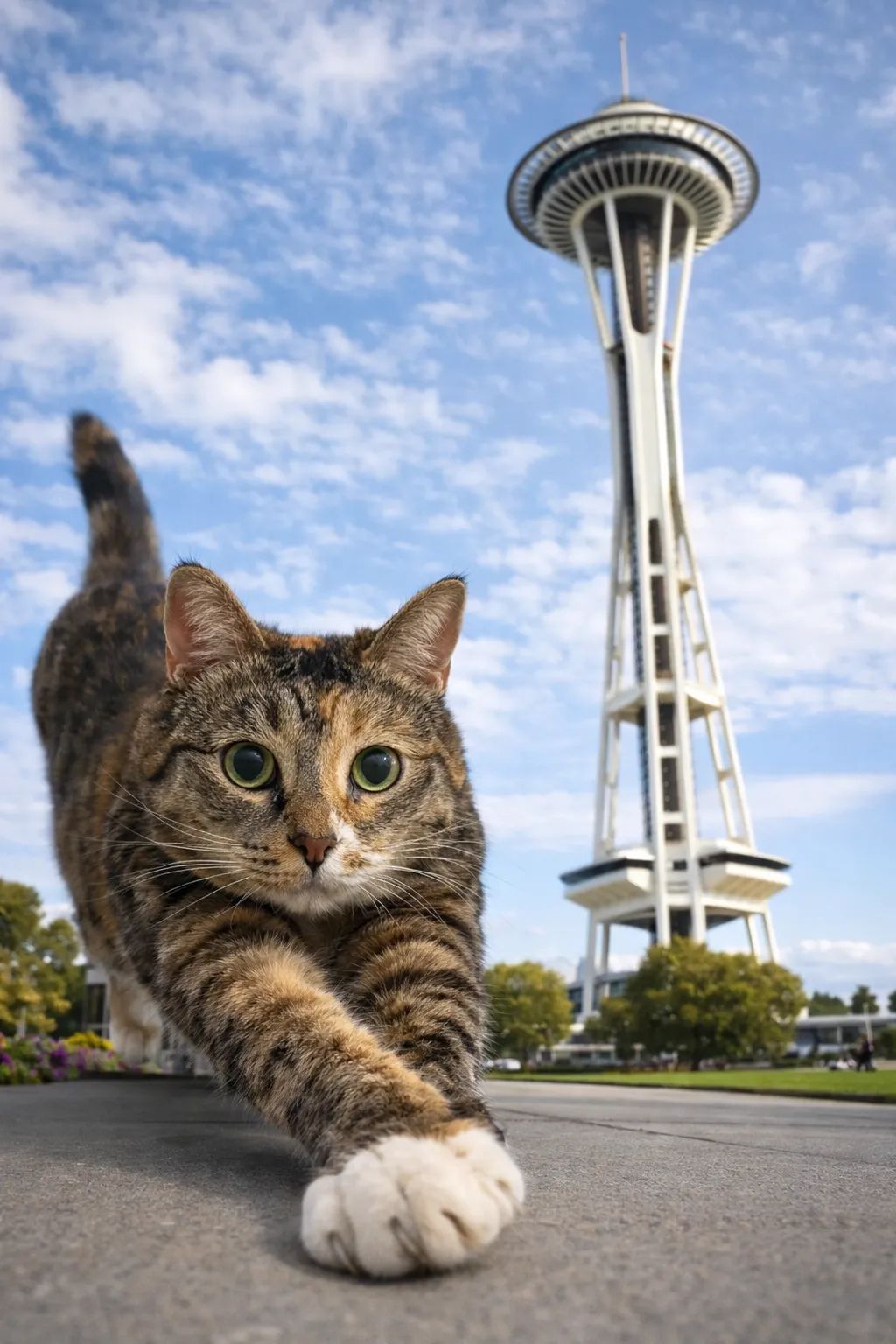 An AI-generated image of a giant cat next to Seattle's Space Needle