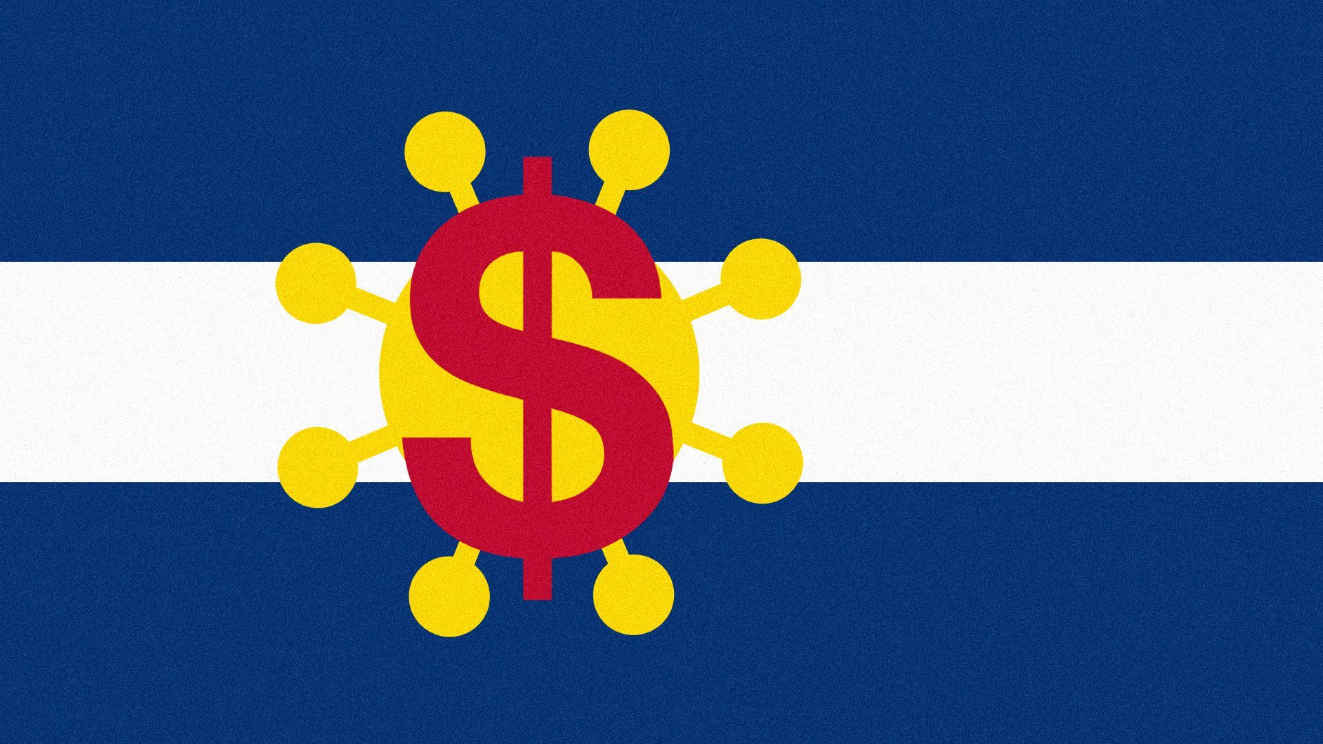 Illustration of the Colorado flag with a dollar sign and the coronavirus instead of a C and the sun.