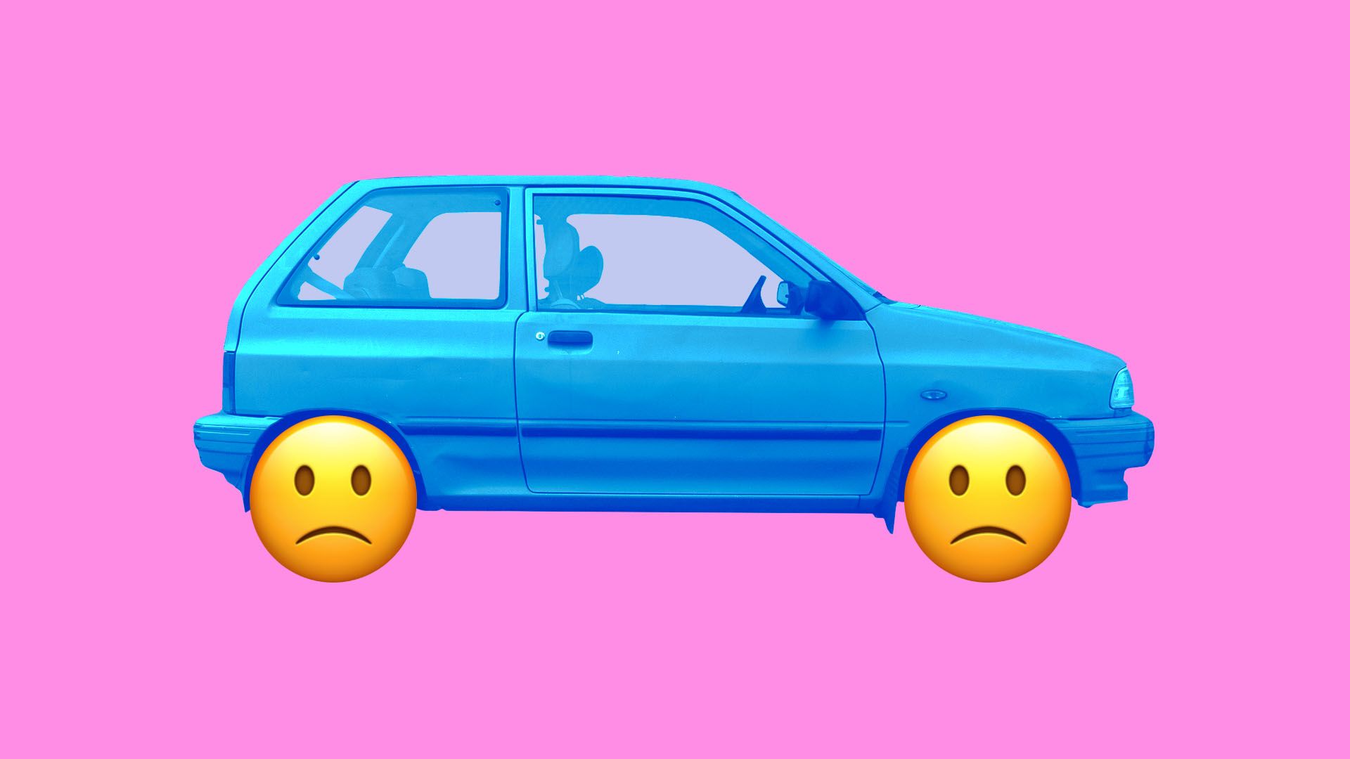 Illustration of a car with sad emojis instead of wheels