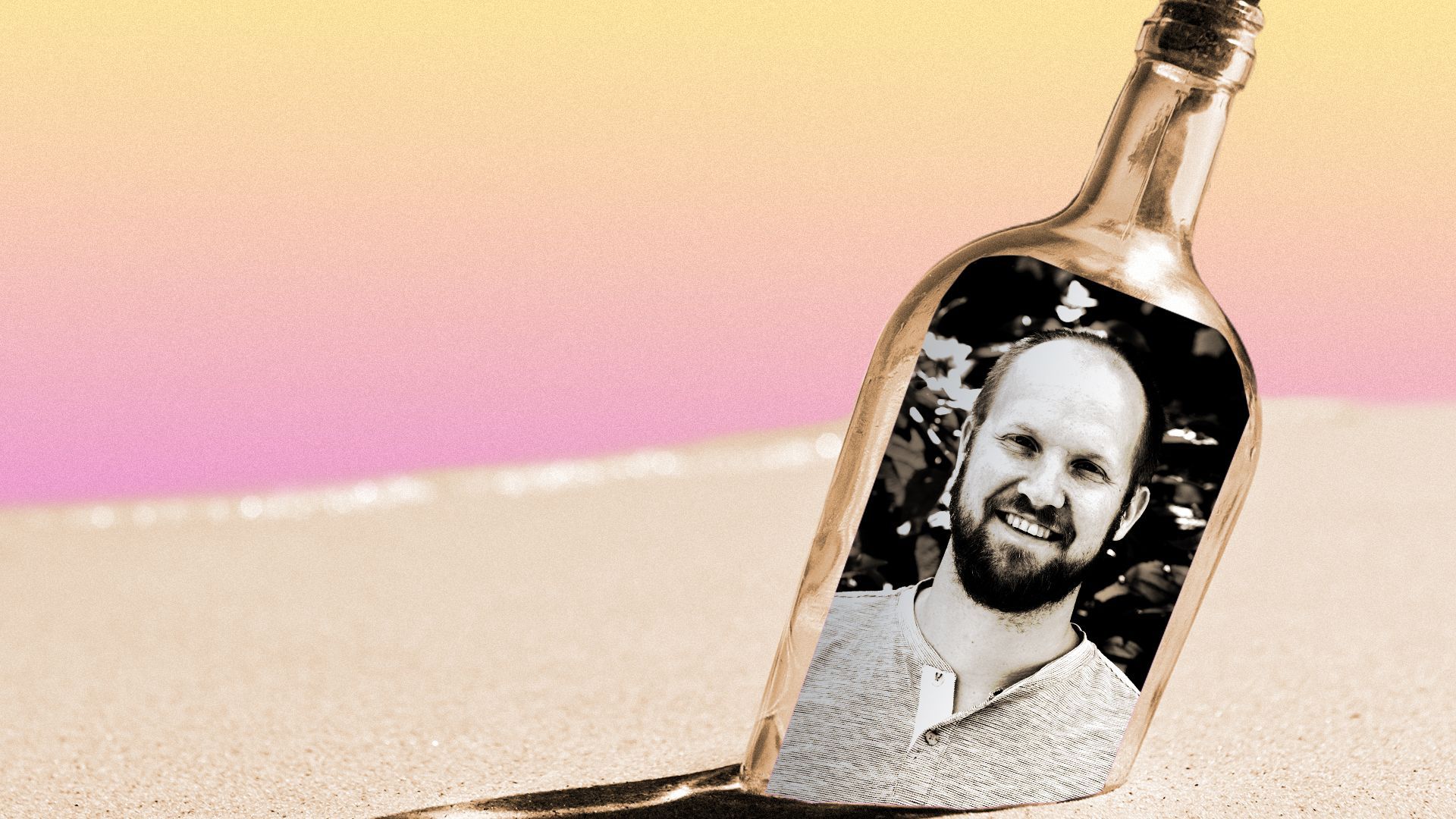 Photo illustration of Tom Rosen inside a bottle on a beach.