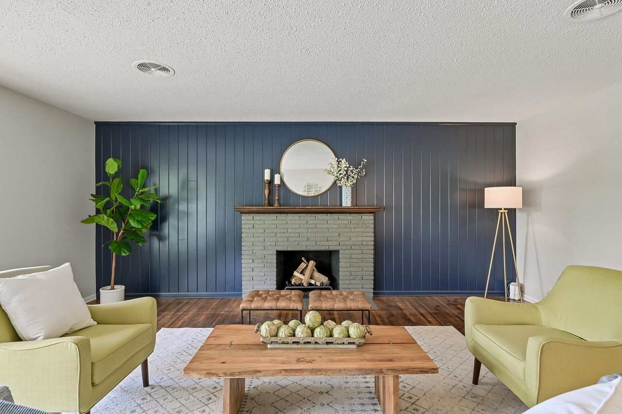 fireplace against navy plank backdrop