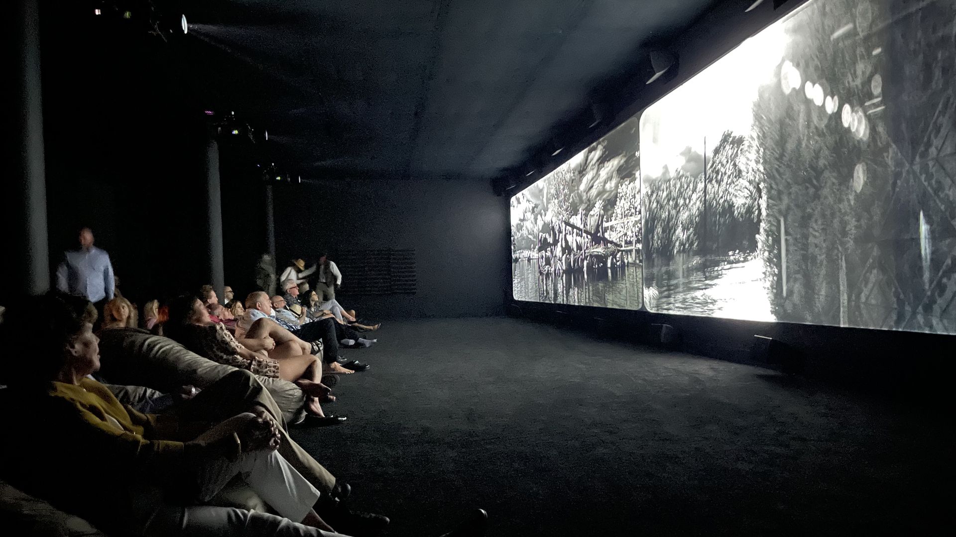 A photo of a group of people watching a video installation.
