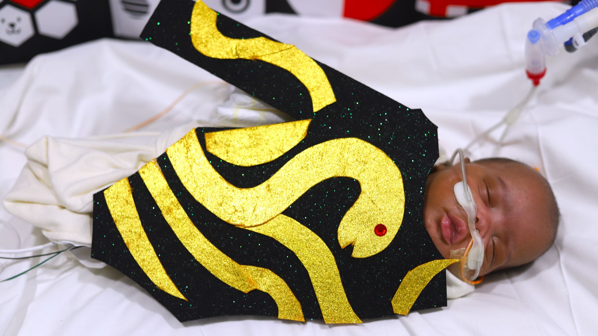 Image shows a NICU baby dressed in a black and yellow Taylor Swift costume for Halloween.