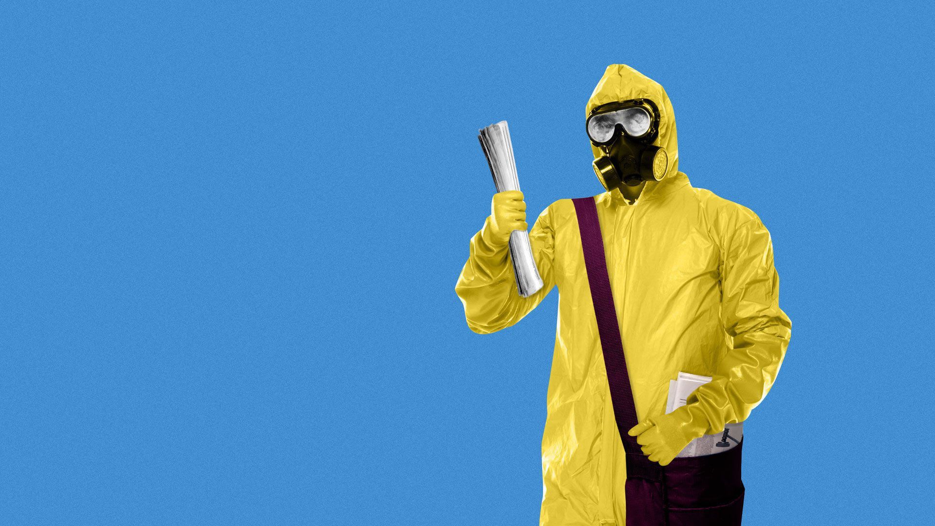 An illustration of a person in protective gear and a gas mask delivering newspapers.