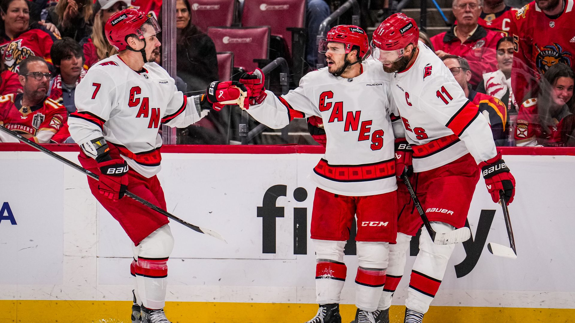 Carolina Hurricanes players celebrate during the Stanley Cup Finals in Florida in May 2025.