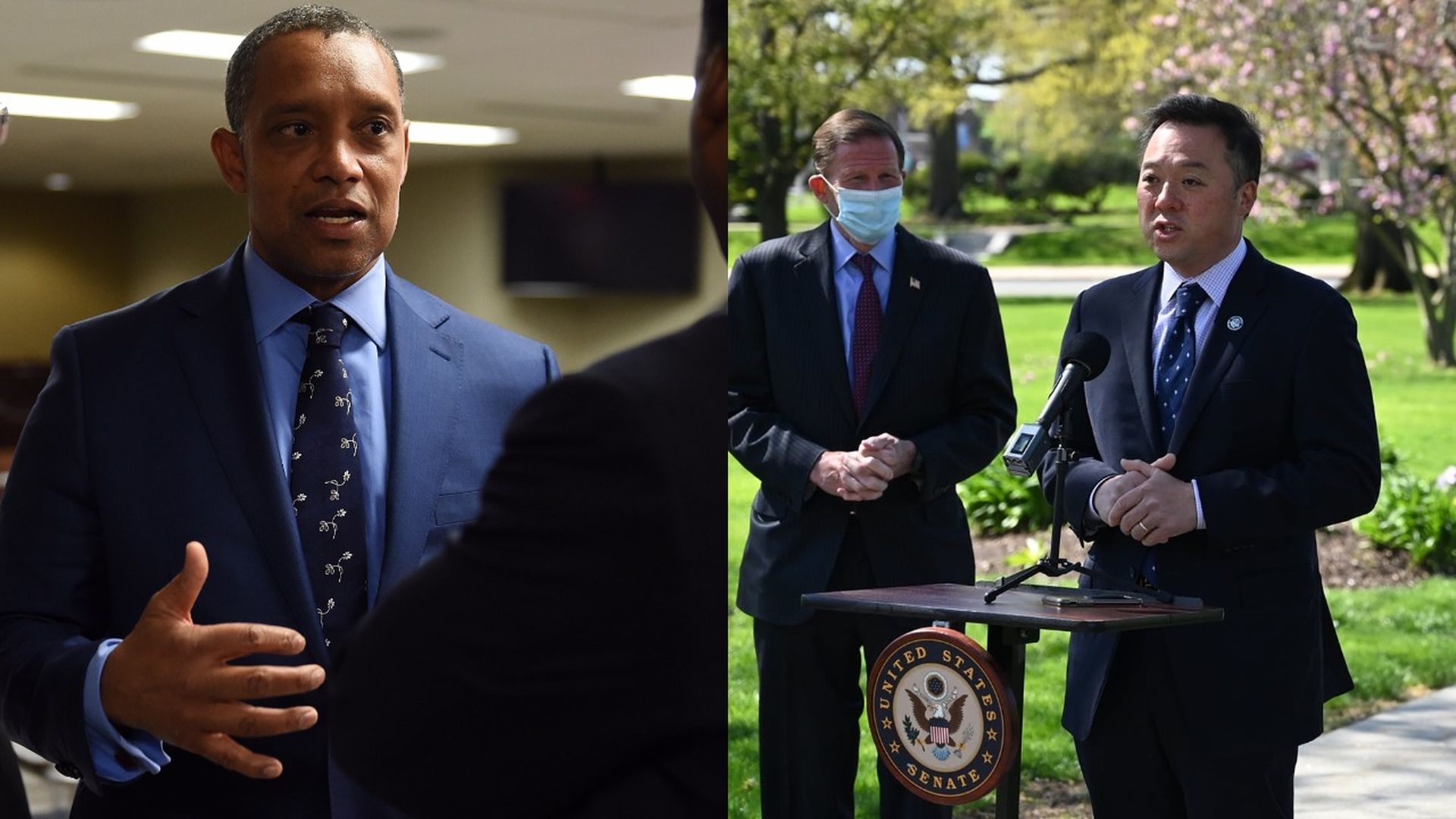 Photo of Karl Racine speaking and William Tong speaking in separate frames