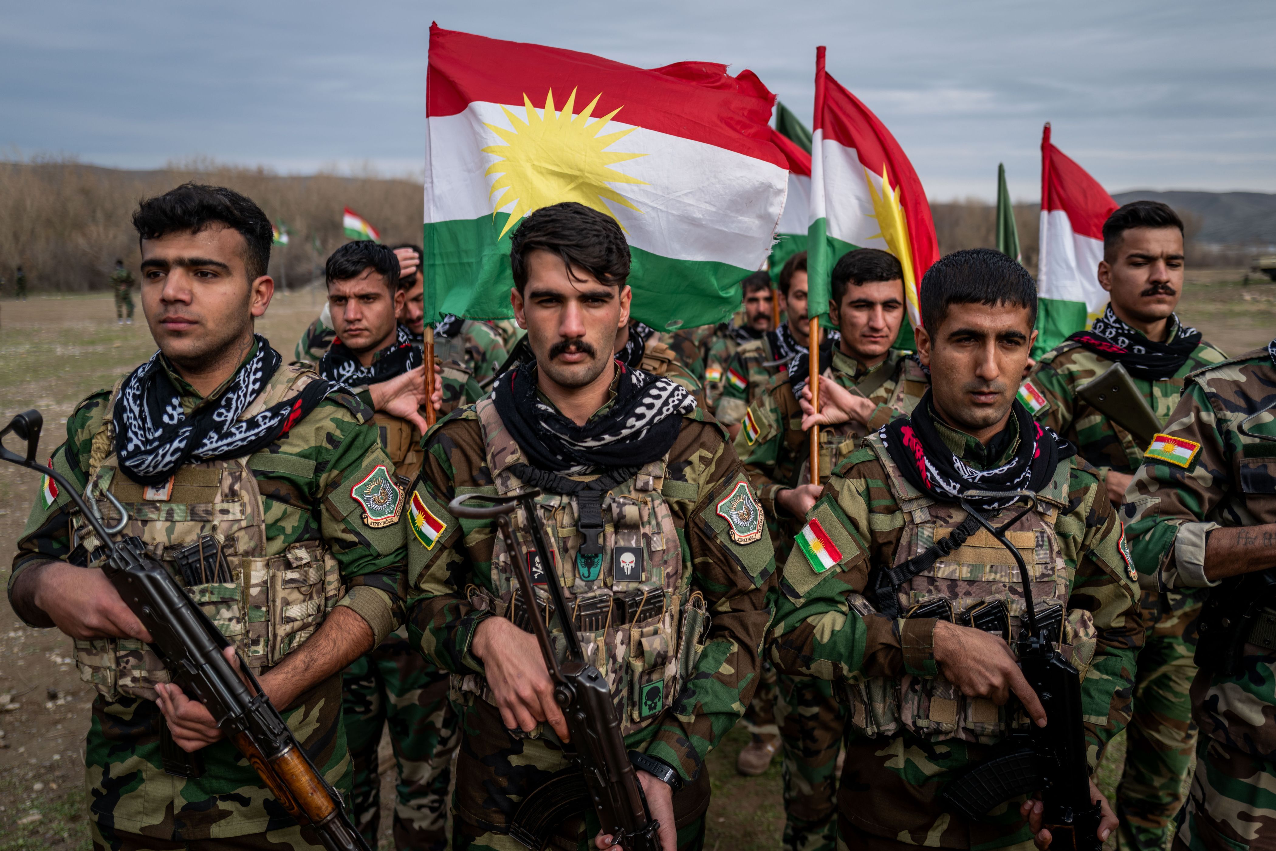 Kurdish Peshmerga fighters train on Jan. 18, 2026 near Erbil, Iraq. Photo: Ethan Swope/Getty Images
