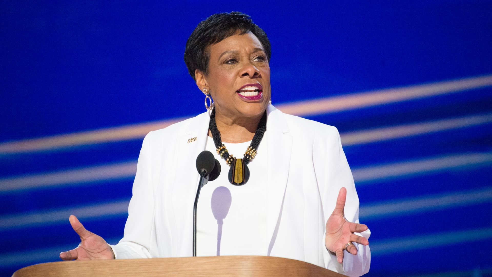 Becky Pringle, president of the National Education Association speaks during the Democratic National Convention in Chicago in 2024.