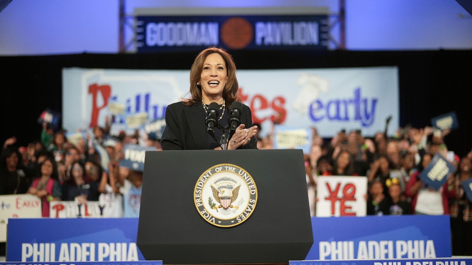 Kamala Harris speaks during a campaign rally at The Alan Horwitz "Sixth Man" Center on October 27, 2024 in Philadelphia,