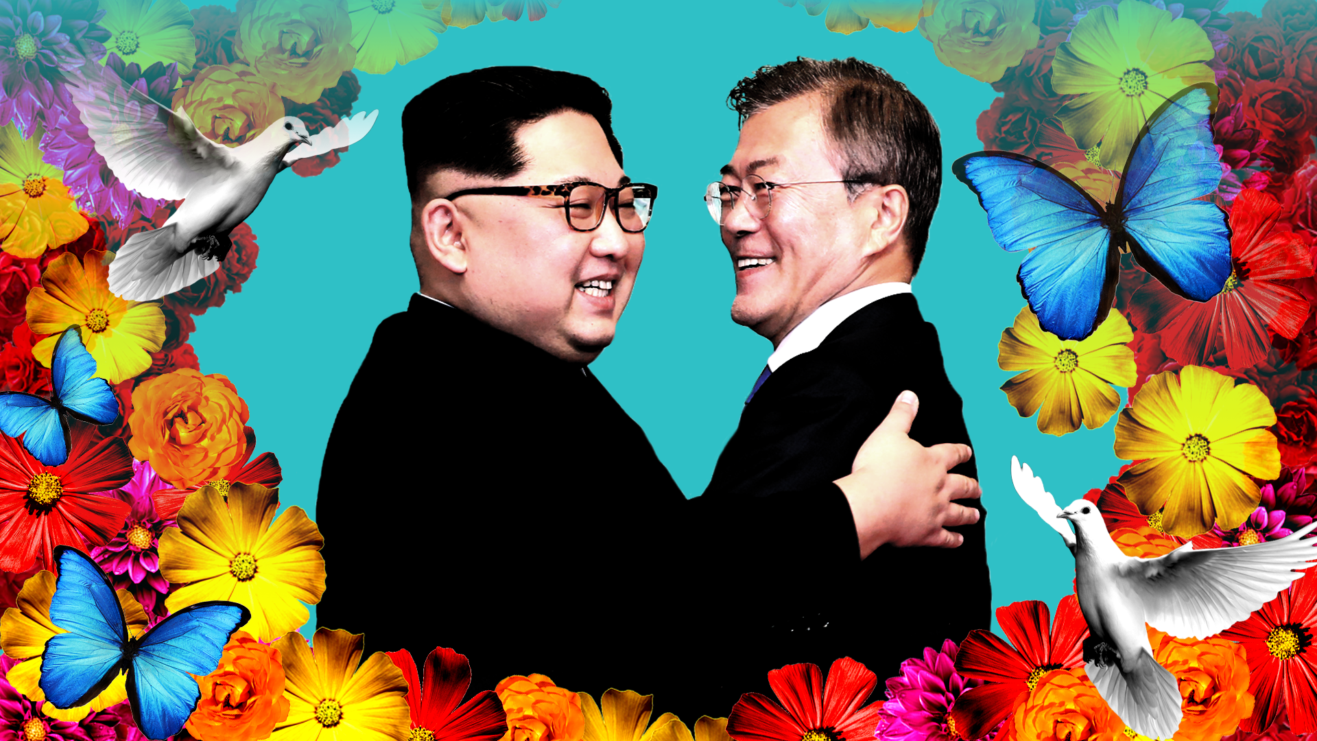 North Korean leader Kim Jong-un and South Korean President Moon Jae-in, with flowers and doves
